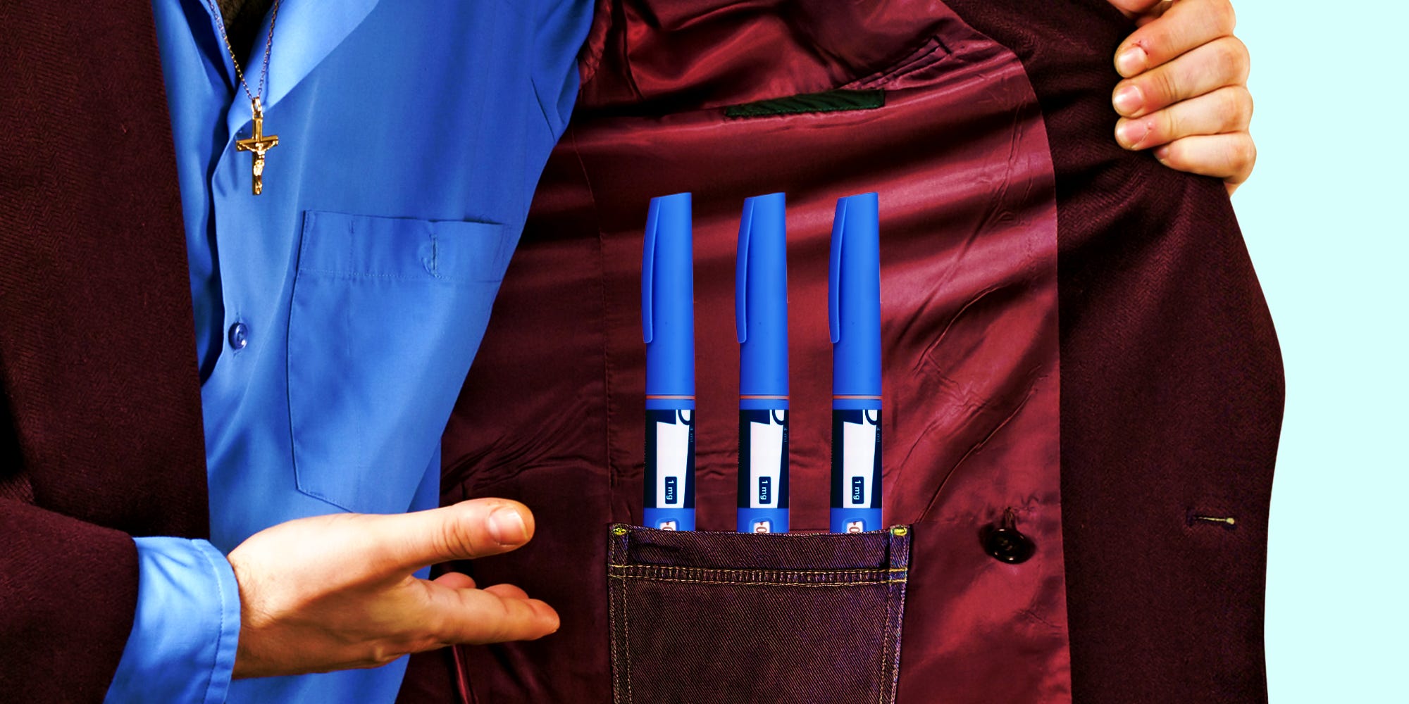 Sleazy dealer wearing an open jacket, revealing counterfeit Ozempic pens in his pocket.