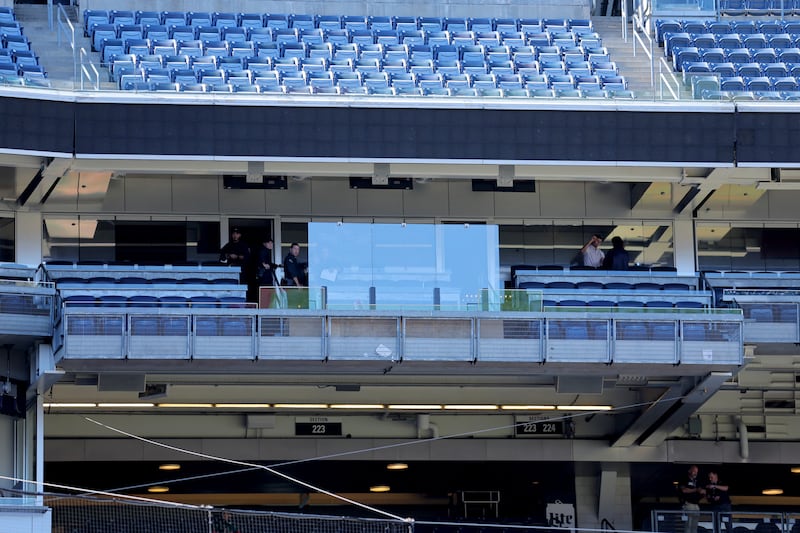 Sep 11, 2025; Bronx, New York, USA; Bulletproof glass protects the Steinbrenner suite at Yankee Stadium where president Donald Trump is expected to attend before a game between the New York Yankees and Detroit Tigers. Mandatory Credit: Brad Penner-Imagn Images