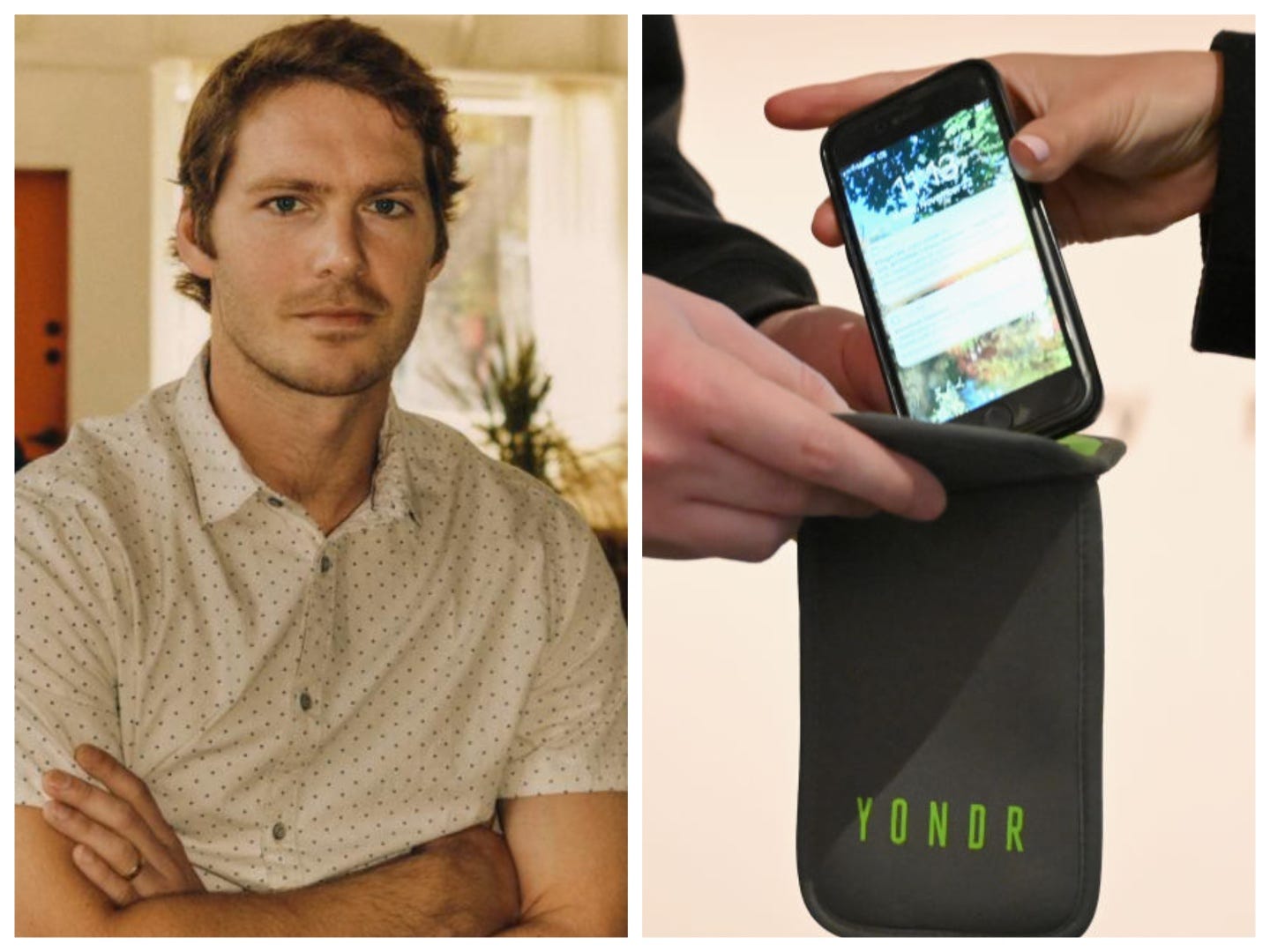 man with his arms oflded, phone going into a yondr pouch