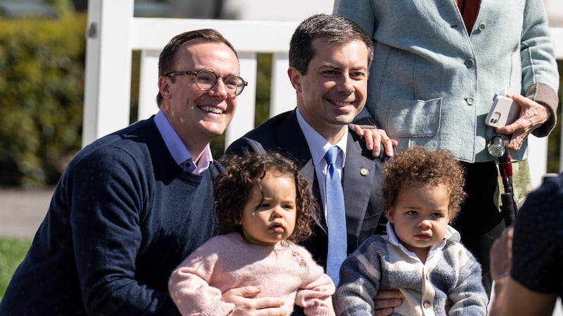 WASHINGTON, DC - APRIL 10: U.S. Secretary of Transportation Pete Buttigieg (R) and husband Chasten Buttigieg and their children Penelope and Gus attend the annual Easter Egg Roll on the South Lawn of the White House on April 10, 2023 in Washington, DC. The tradition dates back to 1878 when President Rutherford B. Hayes invited children to the White House for Easter and egg rolling on the lawn.