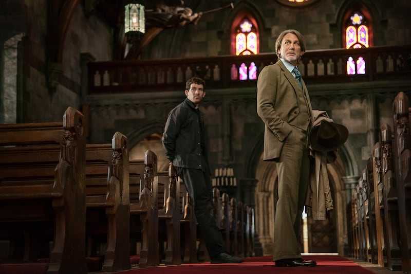 Josh O’Connor and Daniel Craig as Benoit Blanc in "Wake Up Dead Man: A Knives Out Mystery."
