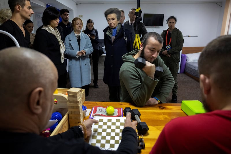Princess Anne visits a physiotherapy session in a rehabilitation centre for Ukrainian war veterans