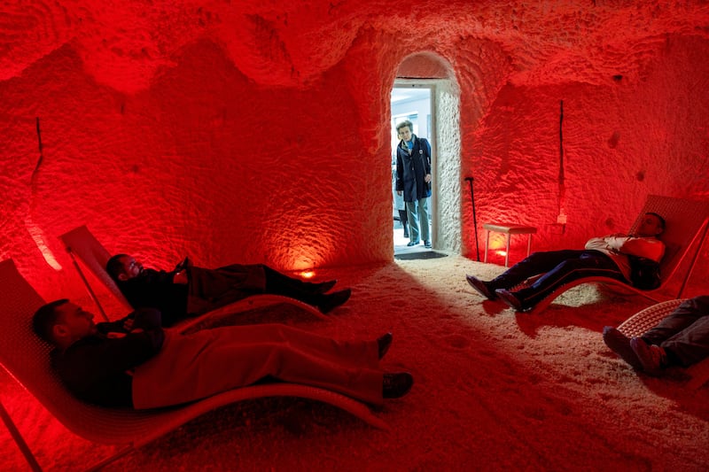 A salt therapy room in a rehabilitation centre for Ukrainian war veterans seems very much Harry's terrain.
