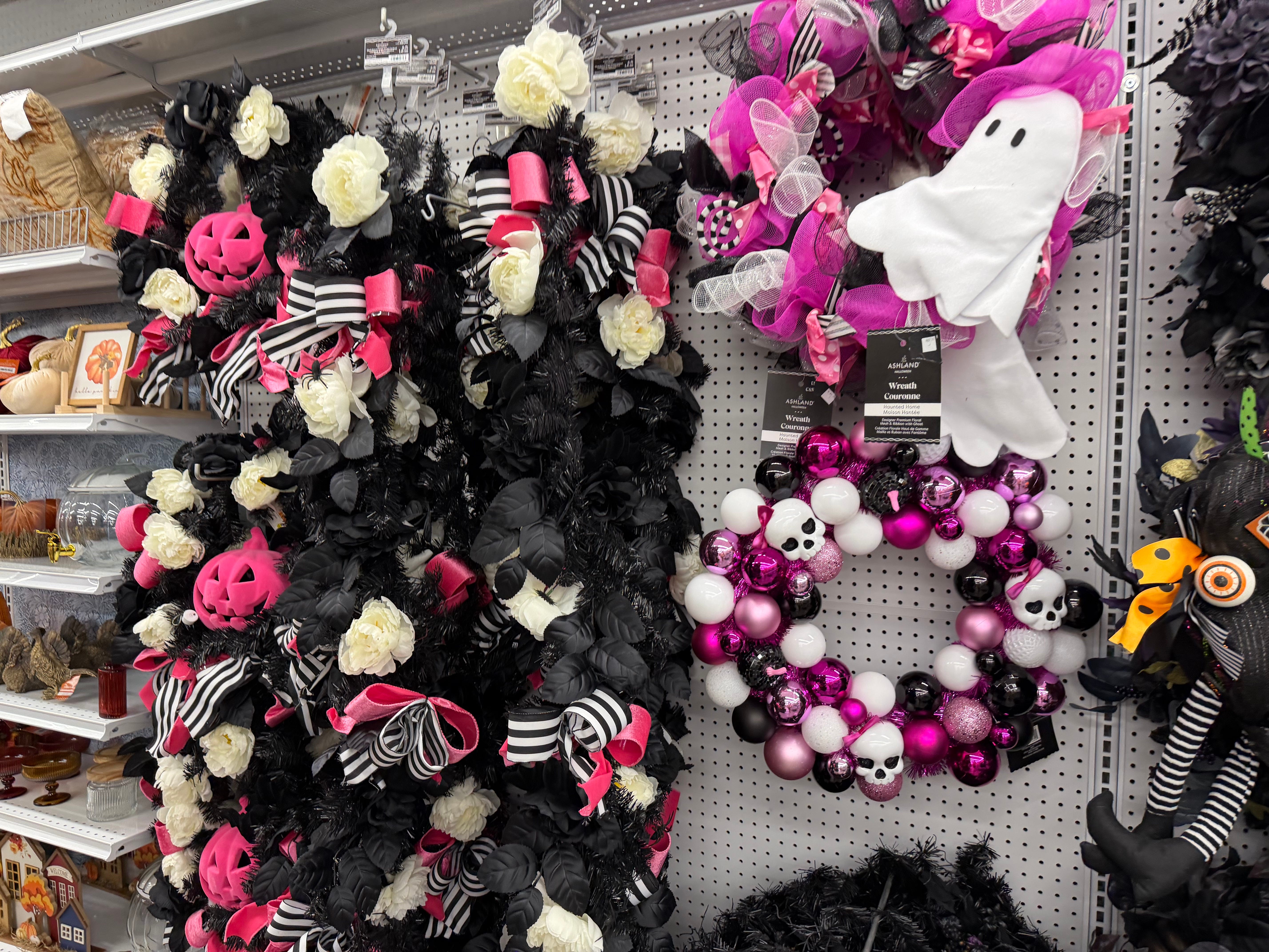 Black, pink, white sparkly Halloween decor in Michaels