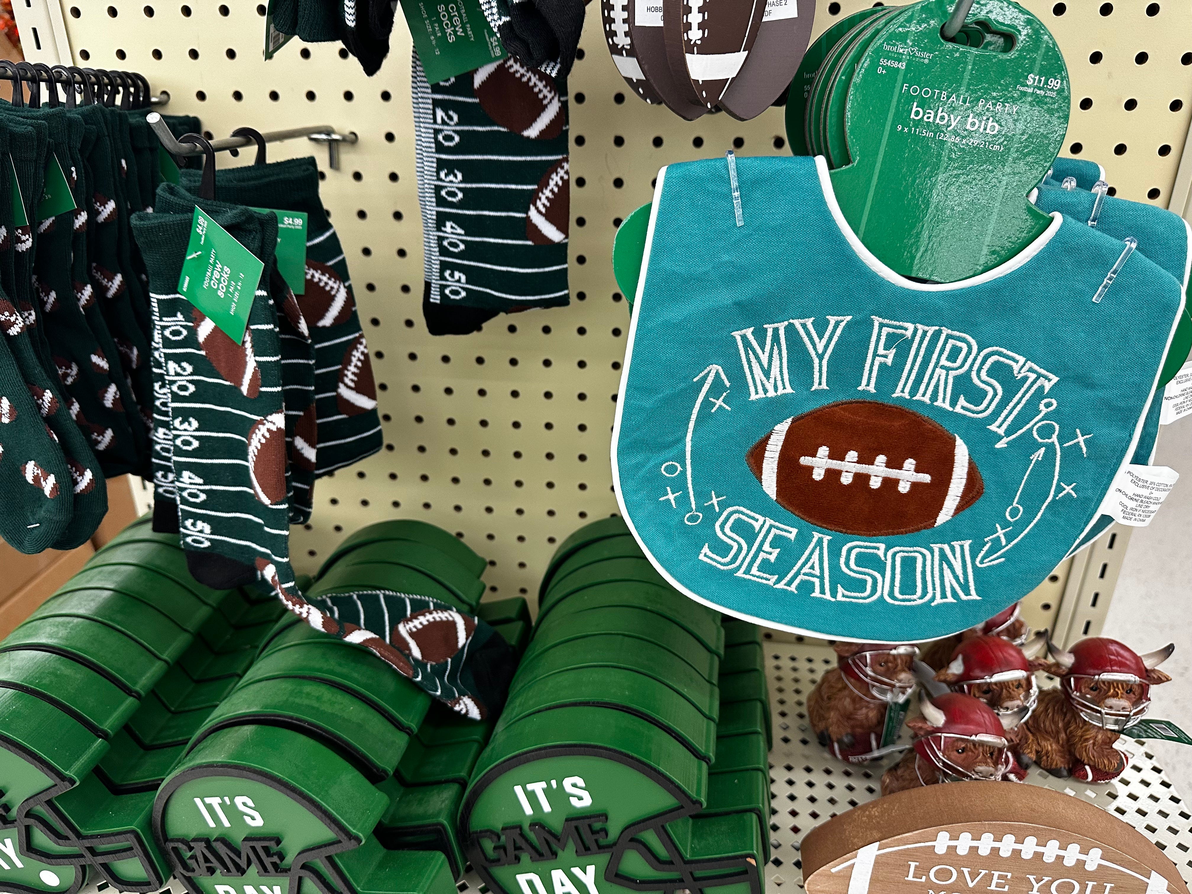Football acessories on shelf at Hobby Lobby