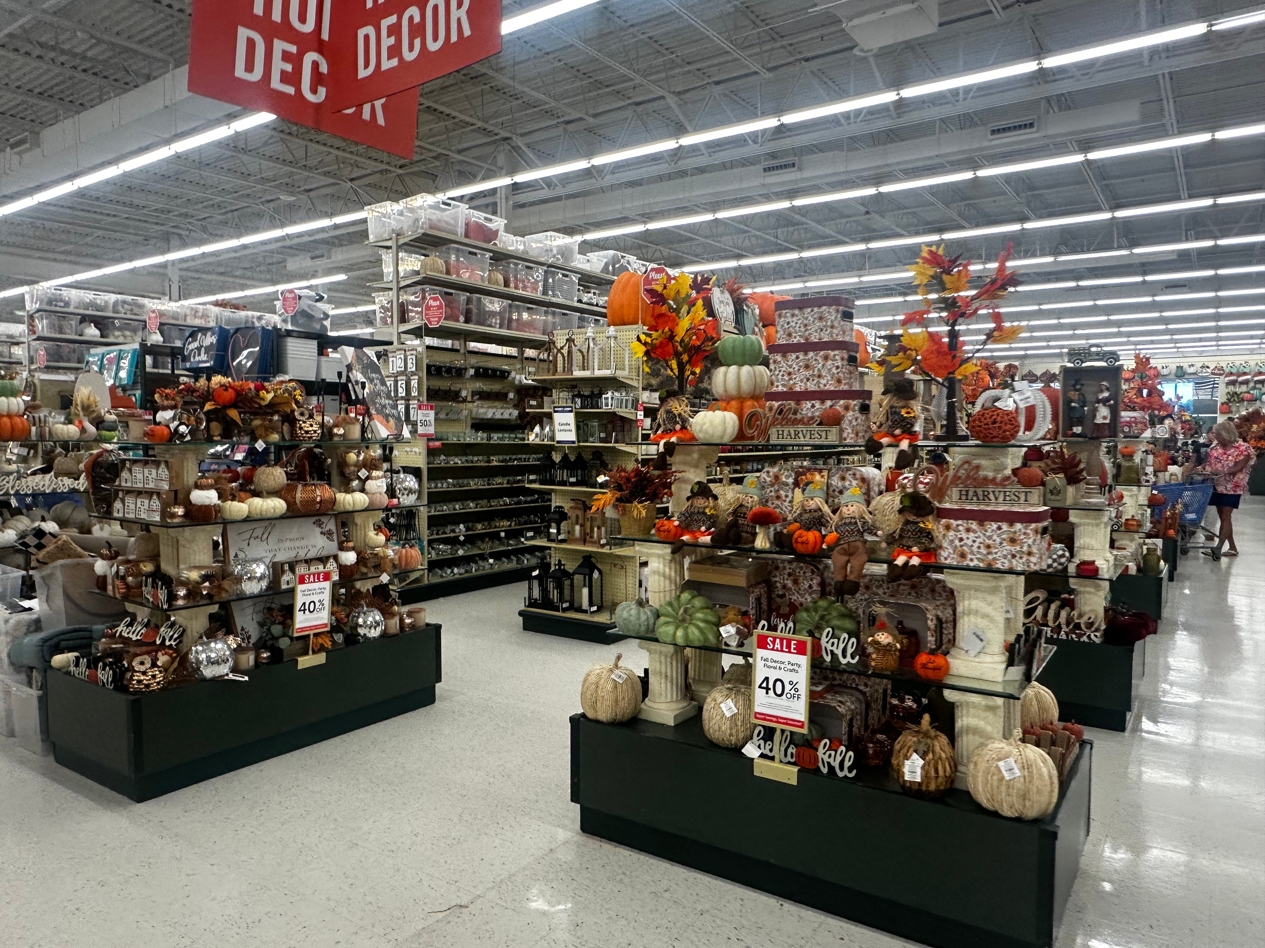Interior of Hobby Lobby with view of sales signs, autumn decor