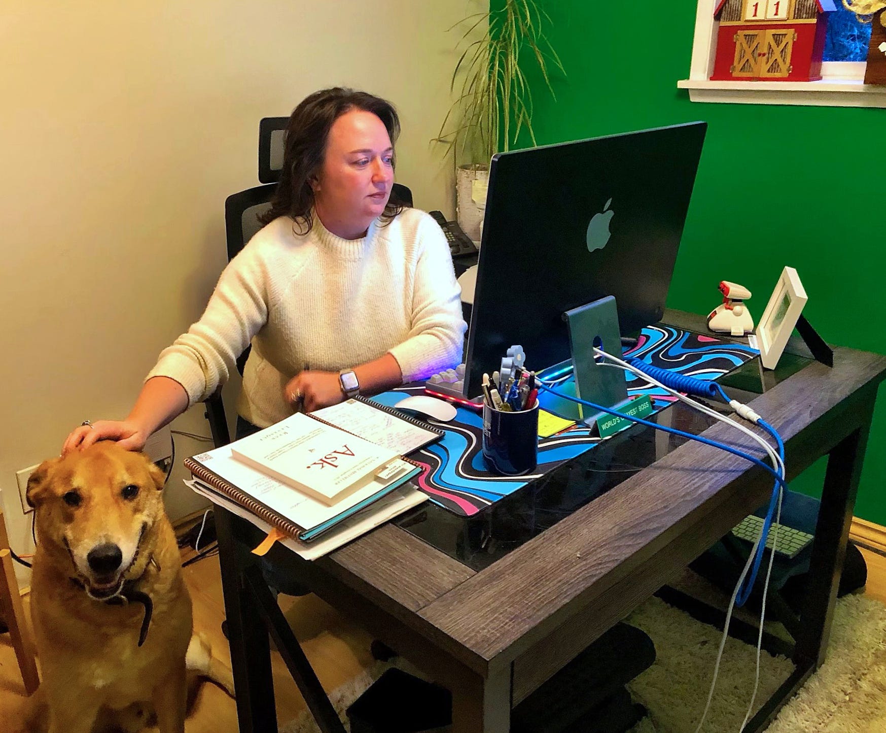 Author Heidi Turner in office with dog behind computer screen