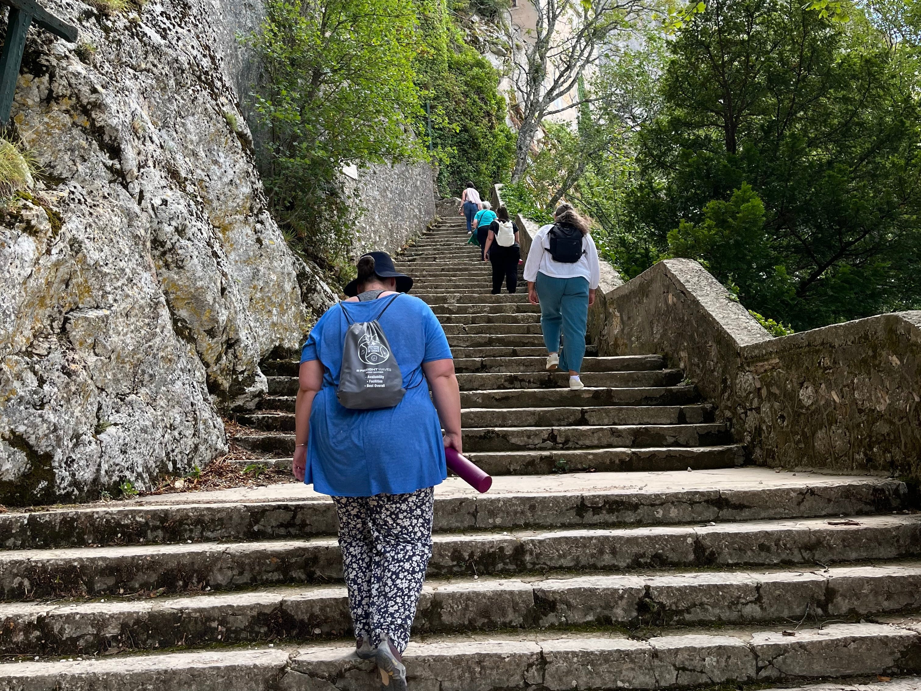 People climbing stairs at park