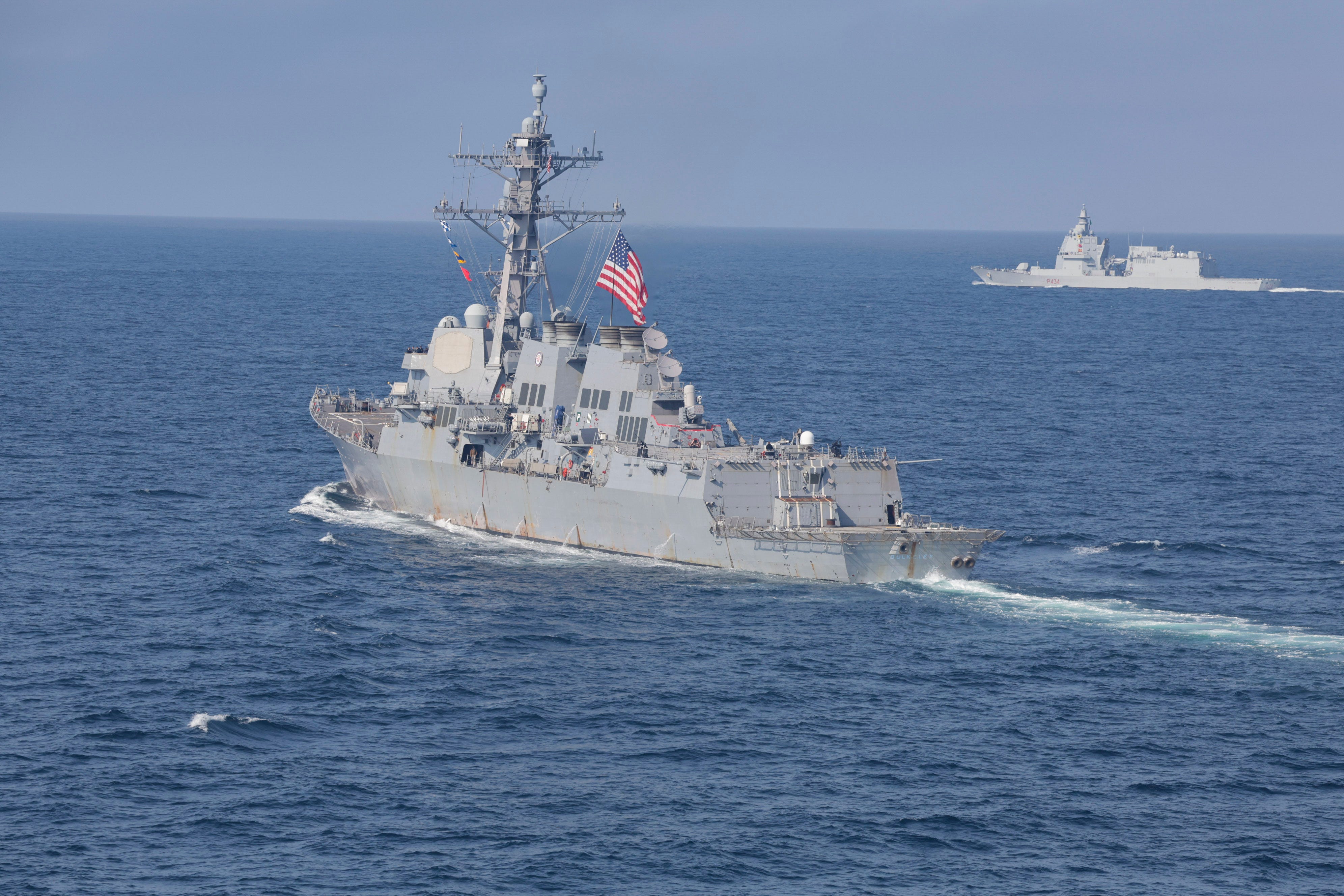 The Arleigh Burke class guided-missile destroyer USS Bulkeley (DDG 84), center, participates in exercise At-Sea Demonstration (ASD) / Formidable Shield (FS) 2025.