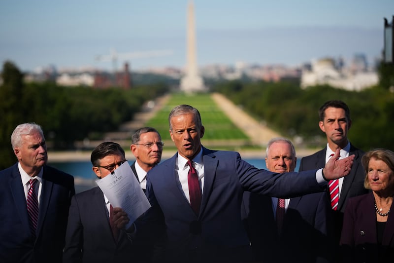 Senate Majority Leader John Thune speaks at a news conference with other GOP congressional leaders on Day 1 of the government shutdown.
