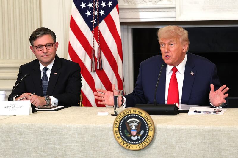 President Donald Trump delivers remarks alongside Speaker of the House Mike Johnson (R-LA) in the State Dinning room at the White House on June 09, 2025 in Washington, DC.
