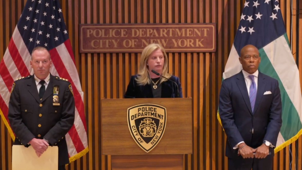 NYPD Commissioner Jessica Tisch at a lectern.