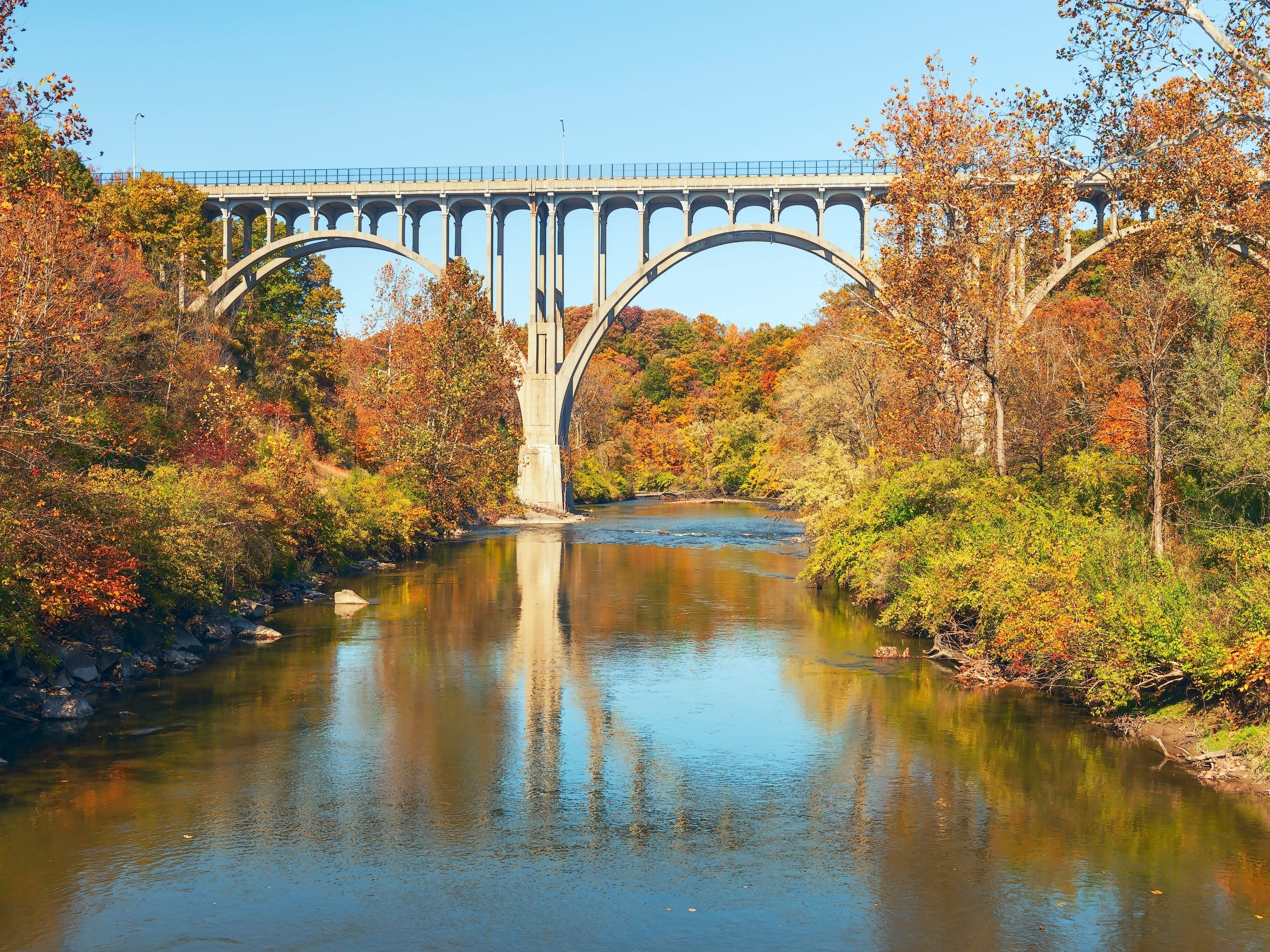 A tall bridge over a river surrounded by trees with autumn-colored leaves.