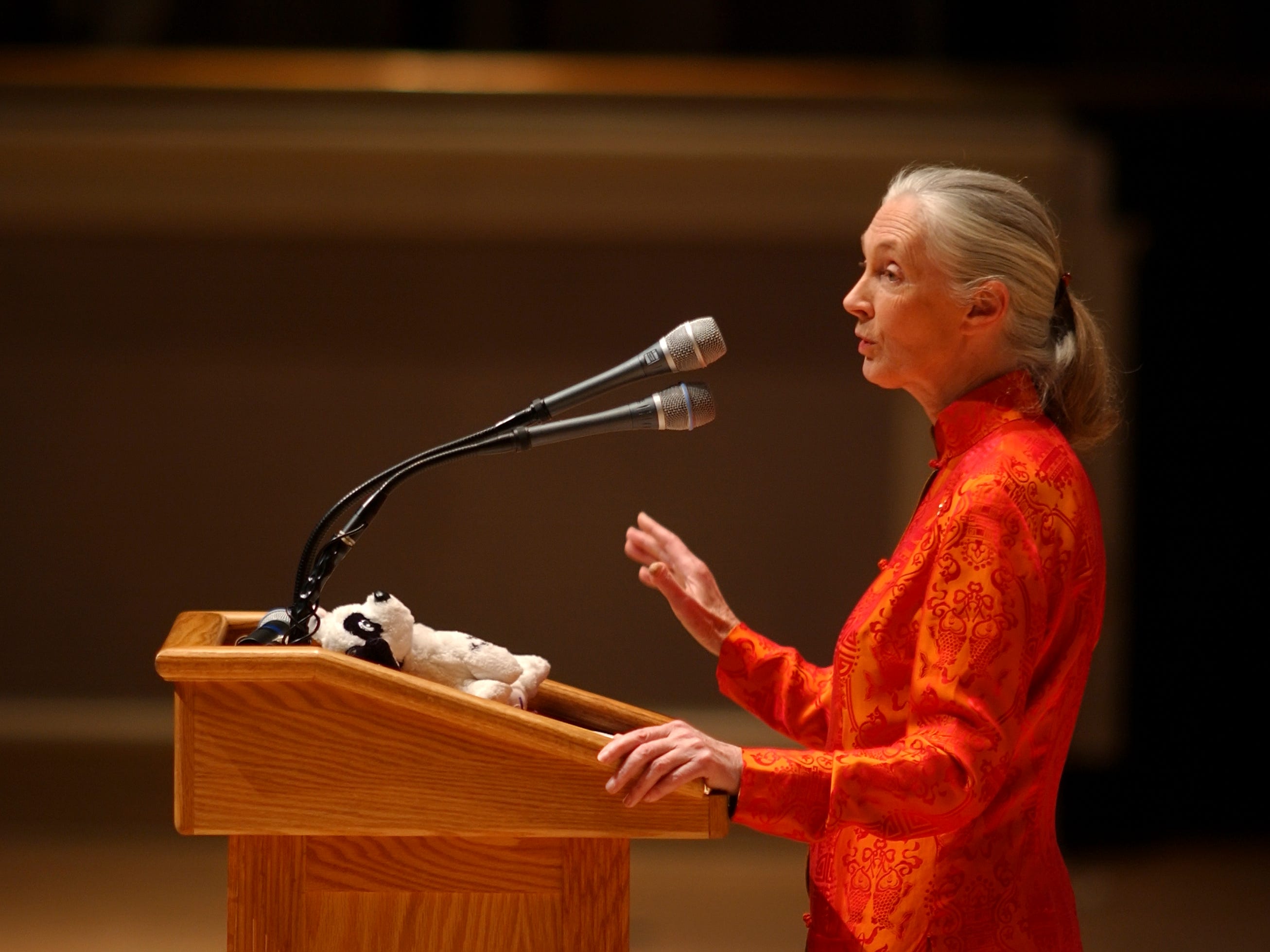 Jane Goodall giving a speech at a podium.