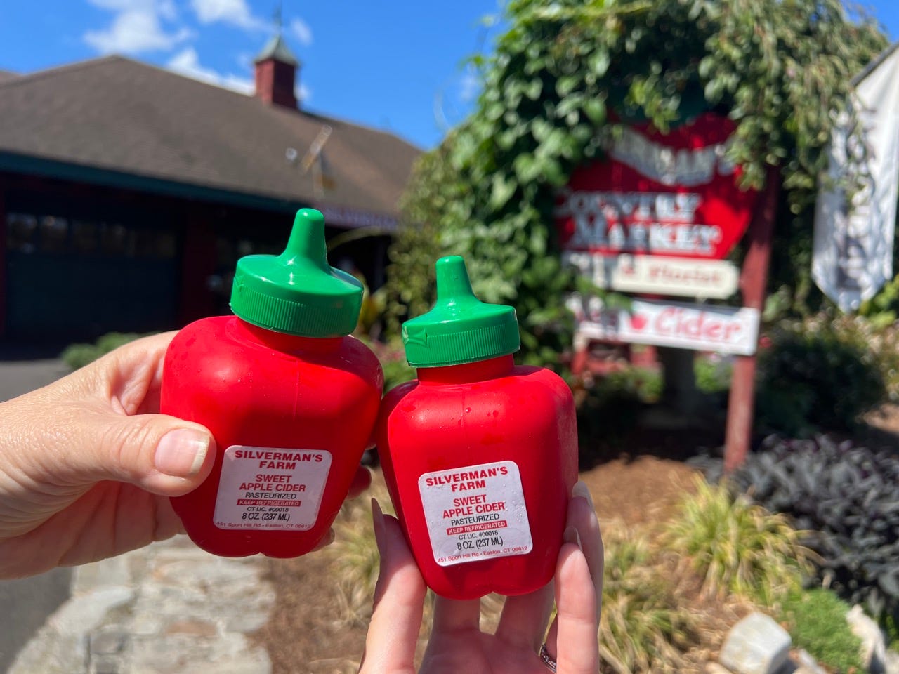 Two apple-shaped squeeze bottles being held in the air