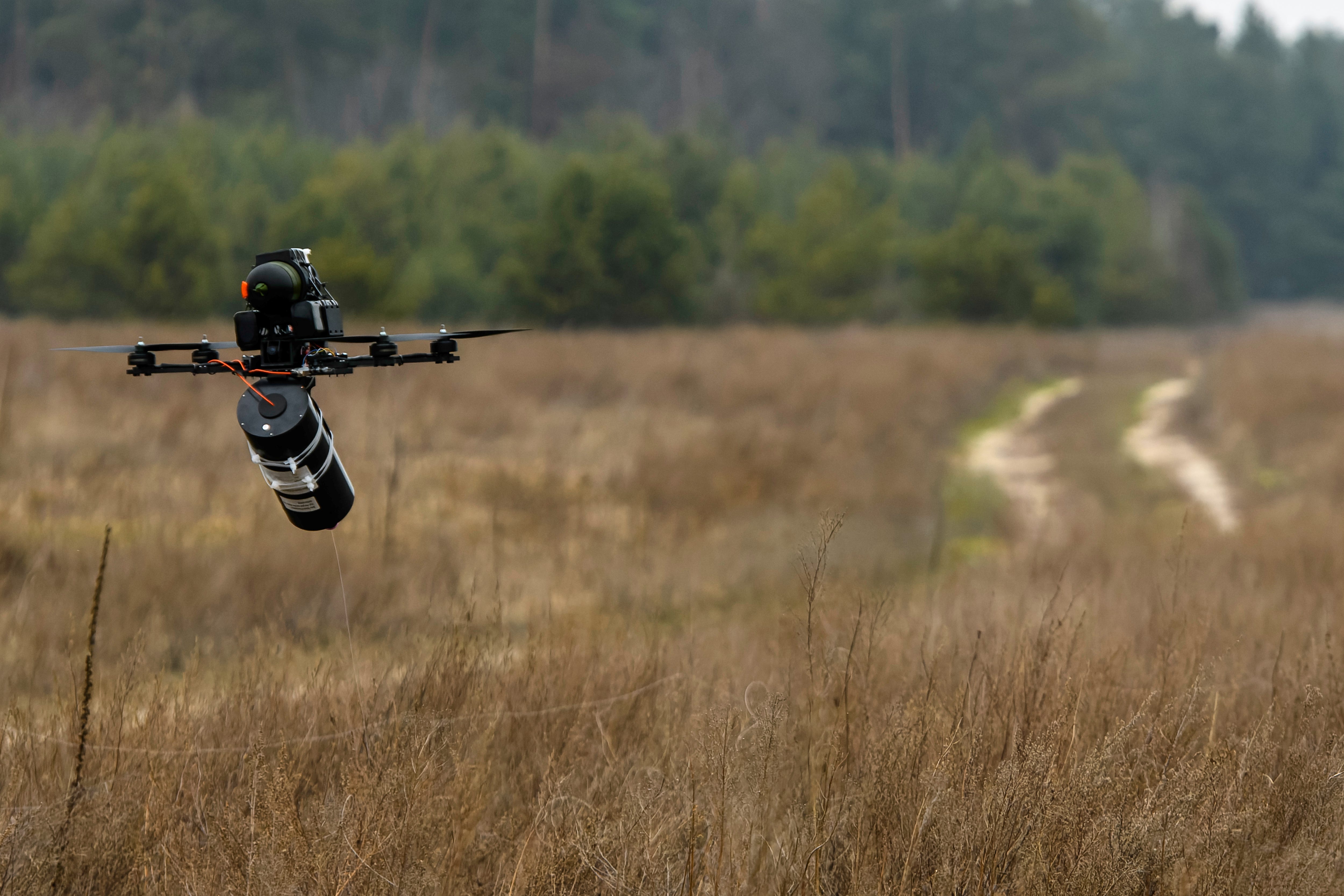 A fiber-optic-controlled drone is tested in the Kyiv region, Ukraine, on January 29, 2025.