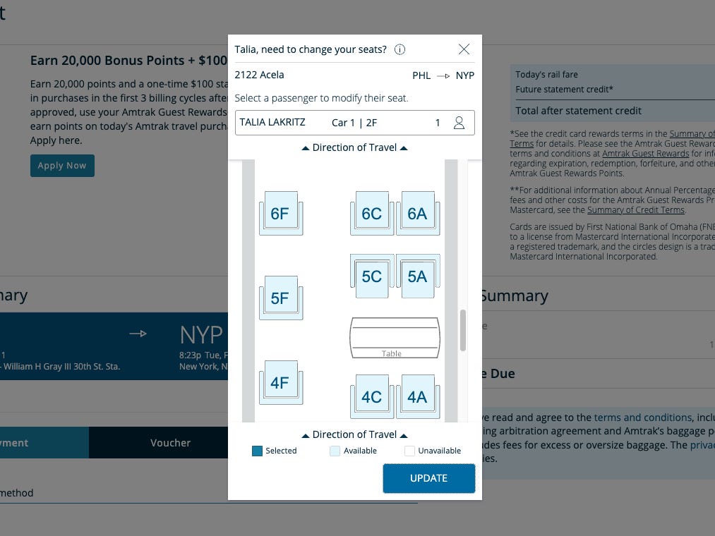 Choosing a seat in Amtrak's first-class car.