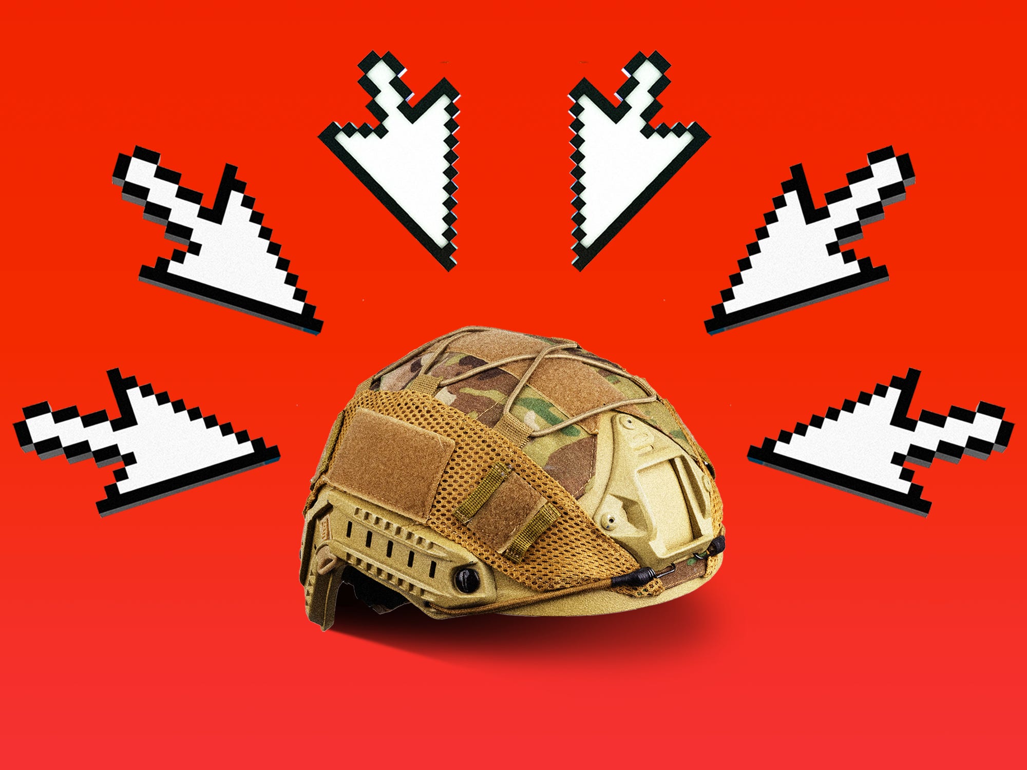 A military helmet surrounded by computer cursors