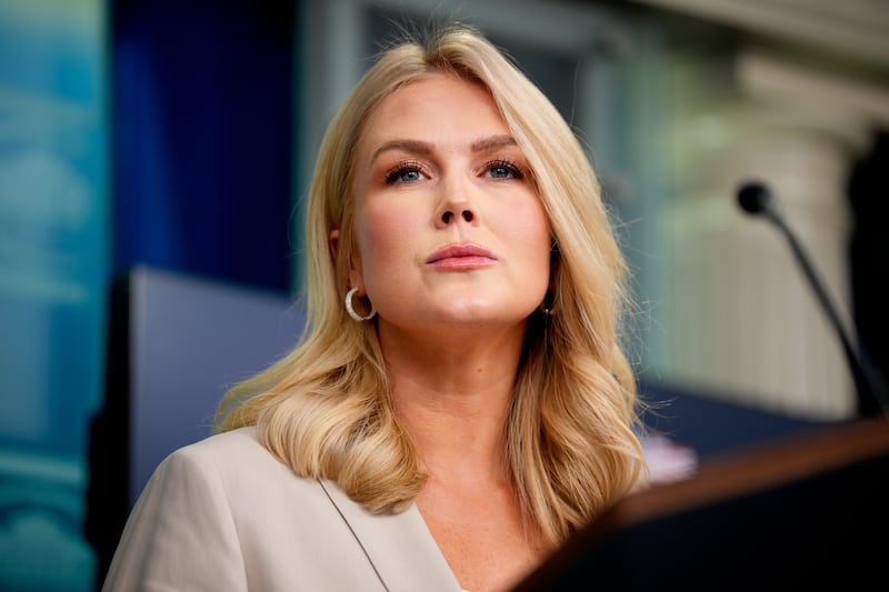WASHINGTON, DC - APRIL 1: White House press secretary Karoline Leavitt takes a question from a reporter during the daily press briefing in the Brady Press Briefing Room at the White House on April 1, 2025 in Washington, DC. Leavitt discussed tomorrow's expected 