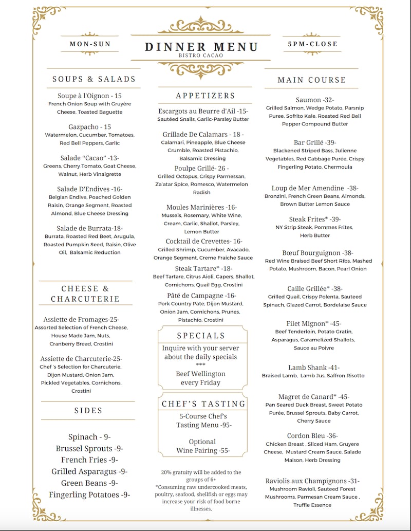 Bistro Cacao menu