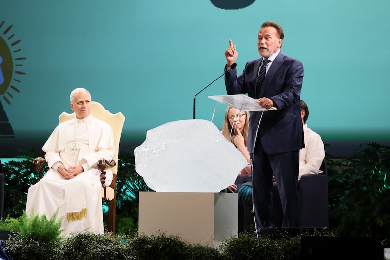 ALBANO LAZIALE, ITALY - OCTOBER 01: Pope Leo XIV and actor and politician Arnold Schwarzenegger attend the International Conference 