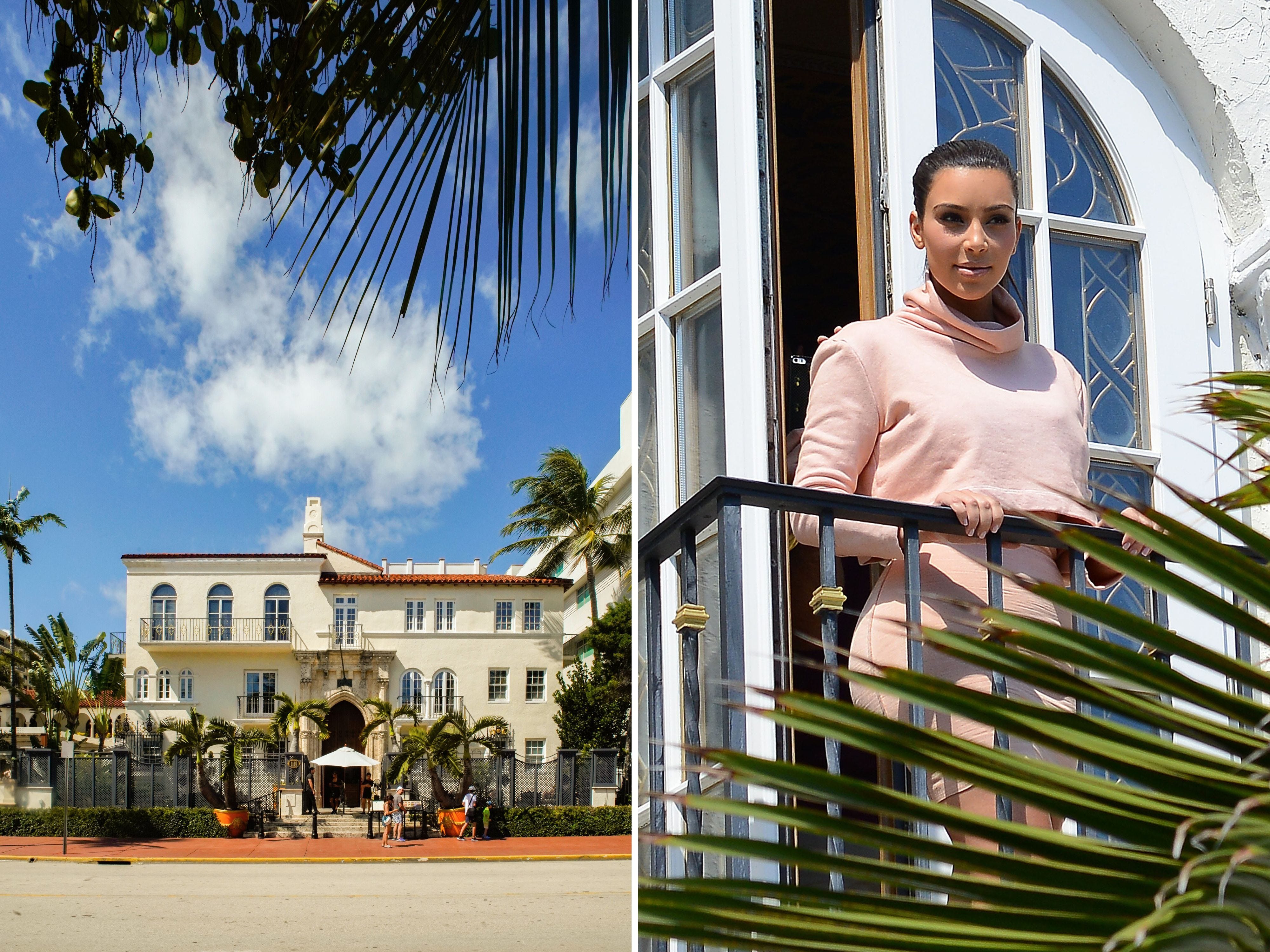 A composite image of the Versace Mansion and Kim Kardashian stands on a balcony at The Villa Casa Casuarina hotel.
