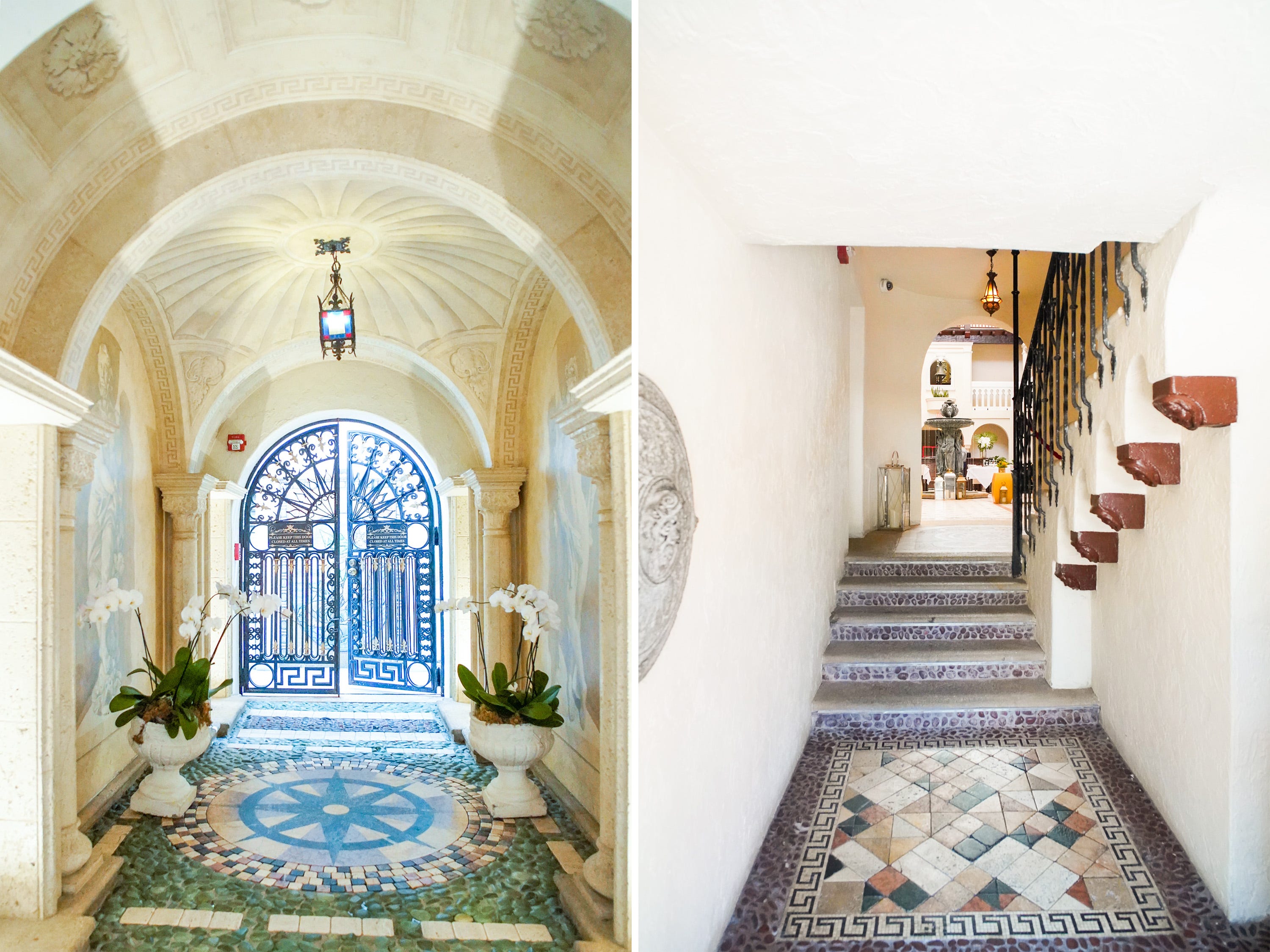 A composite image of the versace mansion show hallways leading inside and out