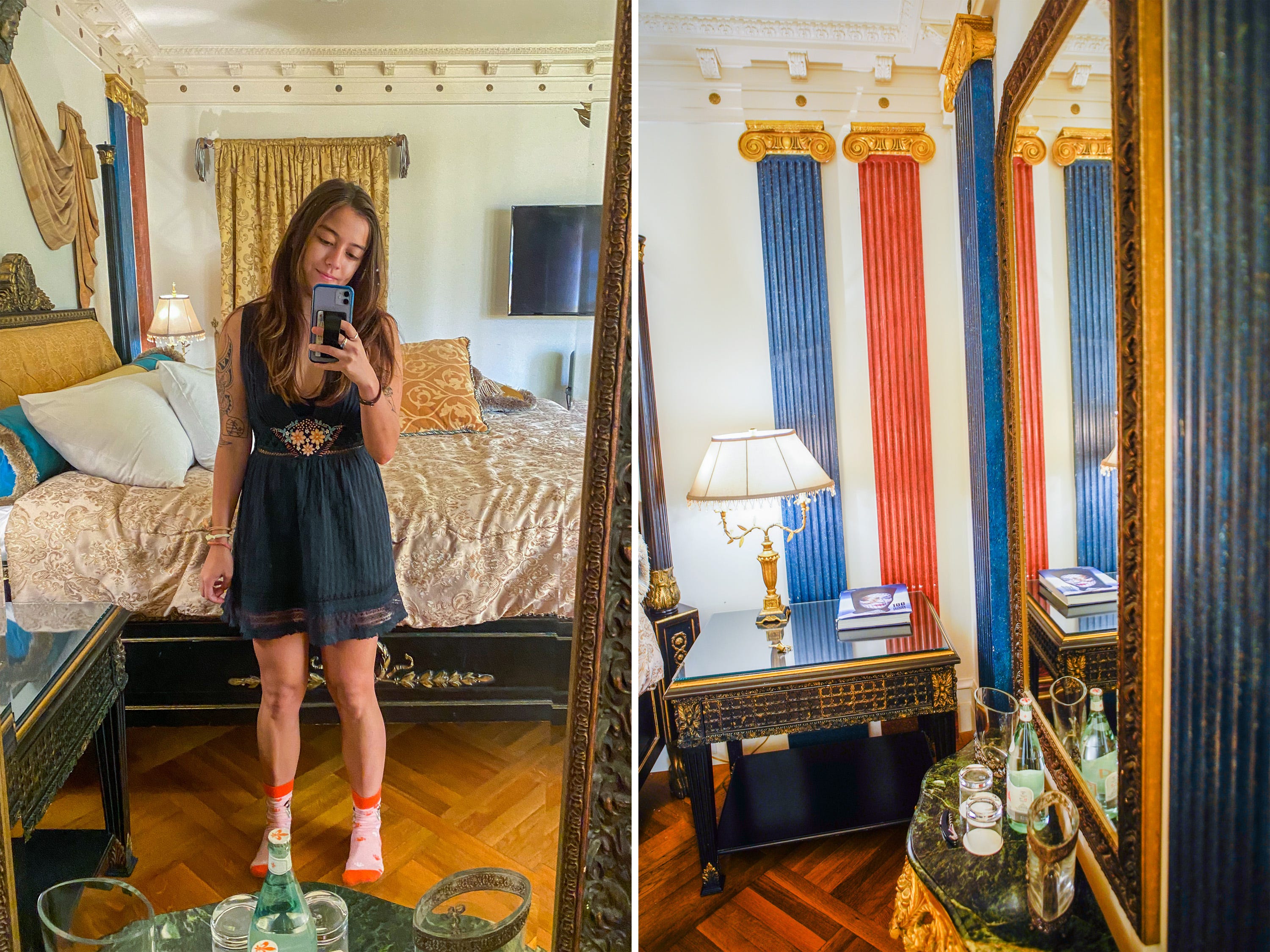 Composite image in the versace mansion show the right side of the bed, which has a large mirror