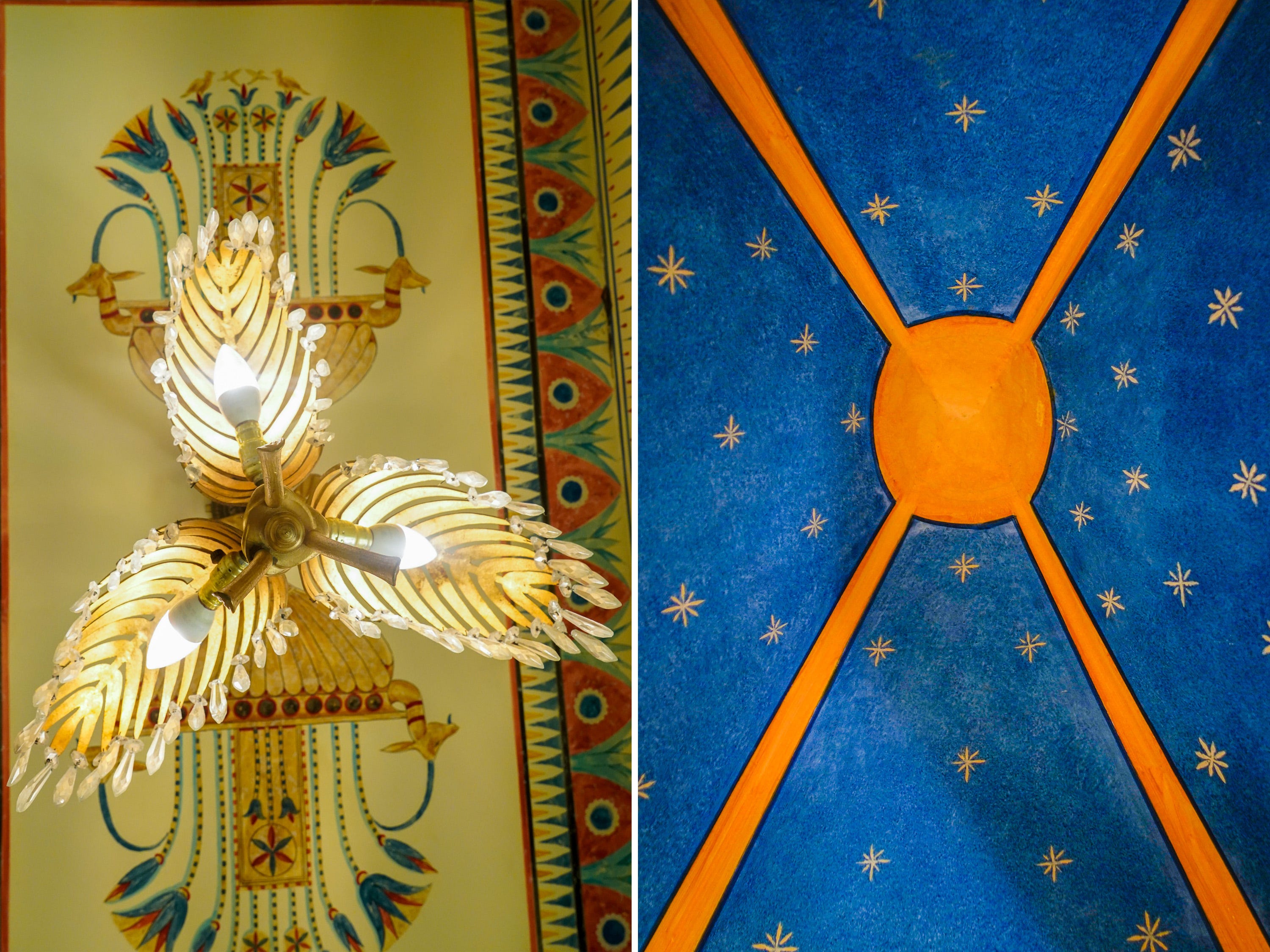 A composite image in the versace mansion show the bathroom ceiling