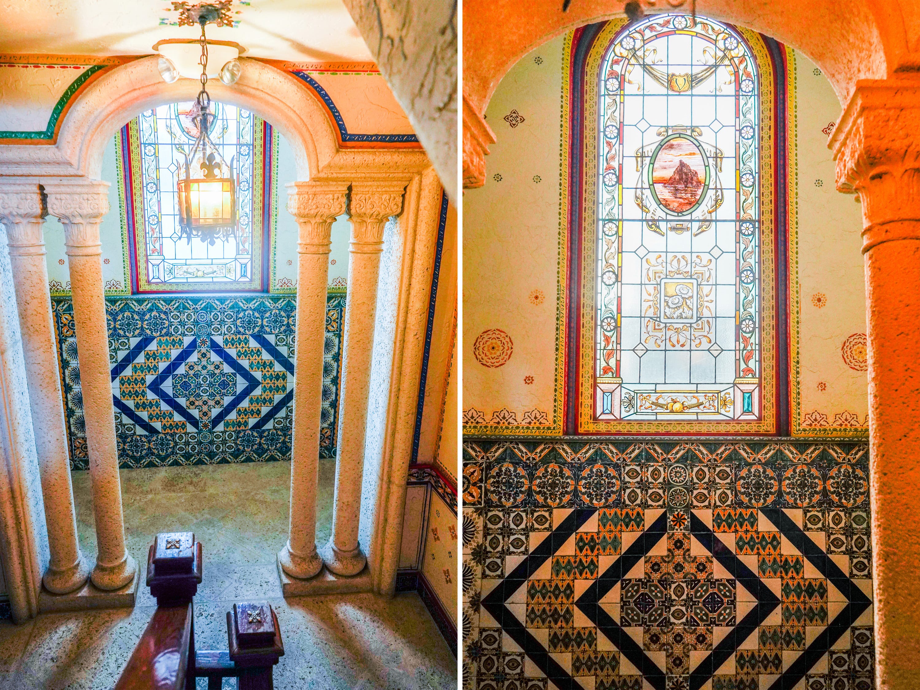 A composite image in the versace mansion show decorative stairwells