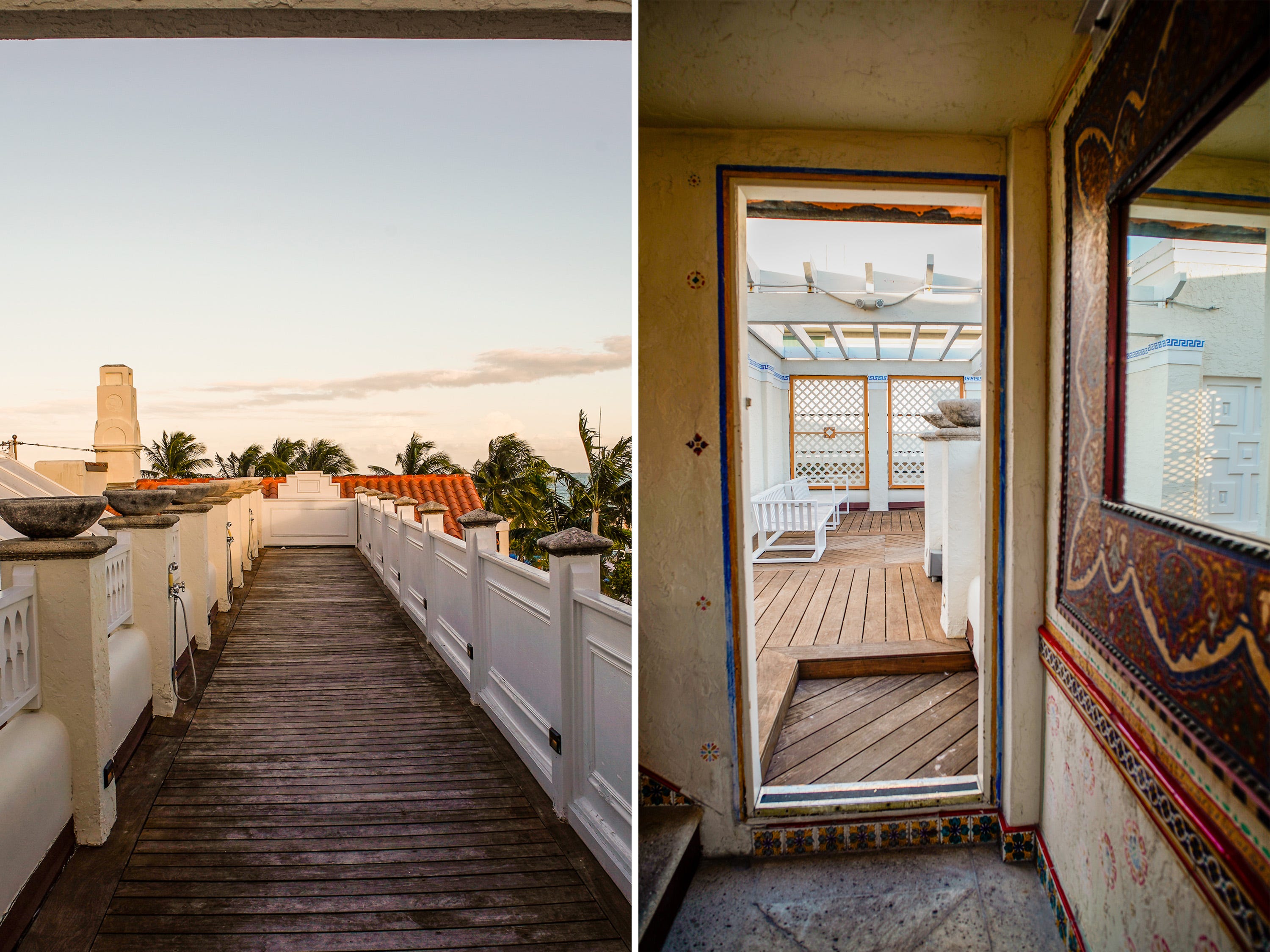 A composite image in the versace mansion show views of the rooftop deck
