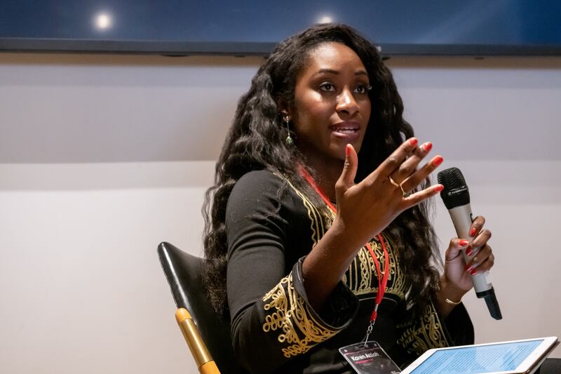 Karen Attiah leads a discussion on Saudi hacking techniques at the Oslo Freedom Forum 2019 on May 28, 2019 in Oslo, Norway.