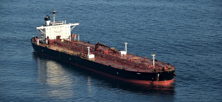 The Benin-flagged tanker Boracay, seen here anchored off Saint-Nazaire, France, on Oct. 1, 2025, is blacklisted by the European Union for being part of Russia's sanction-busting 