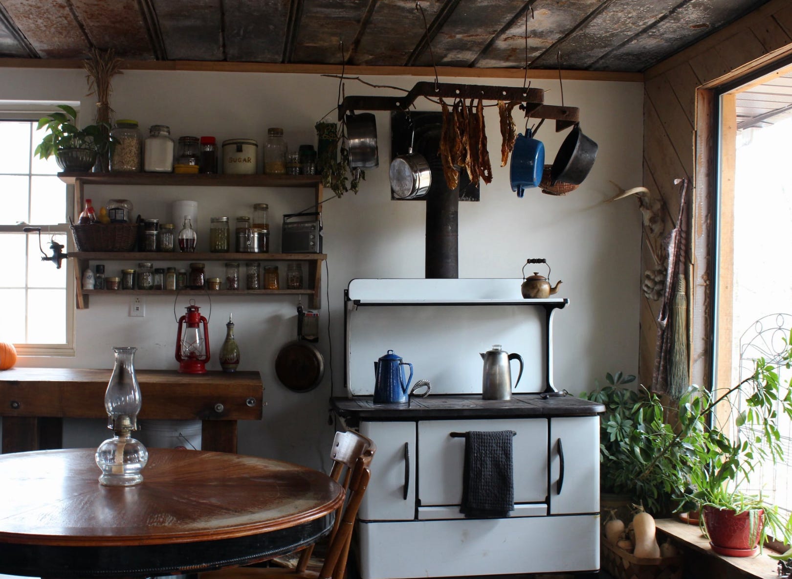 The interior kitchen of the writer's cabin.
