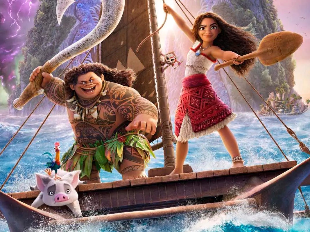 Moana and Maui on a boat
