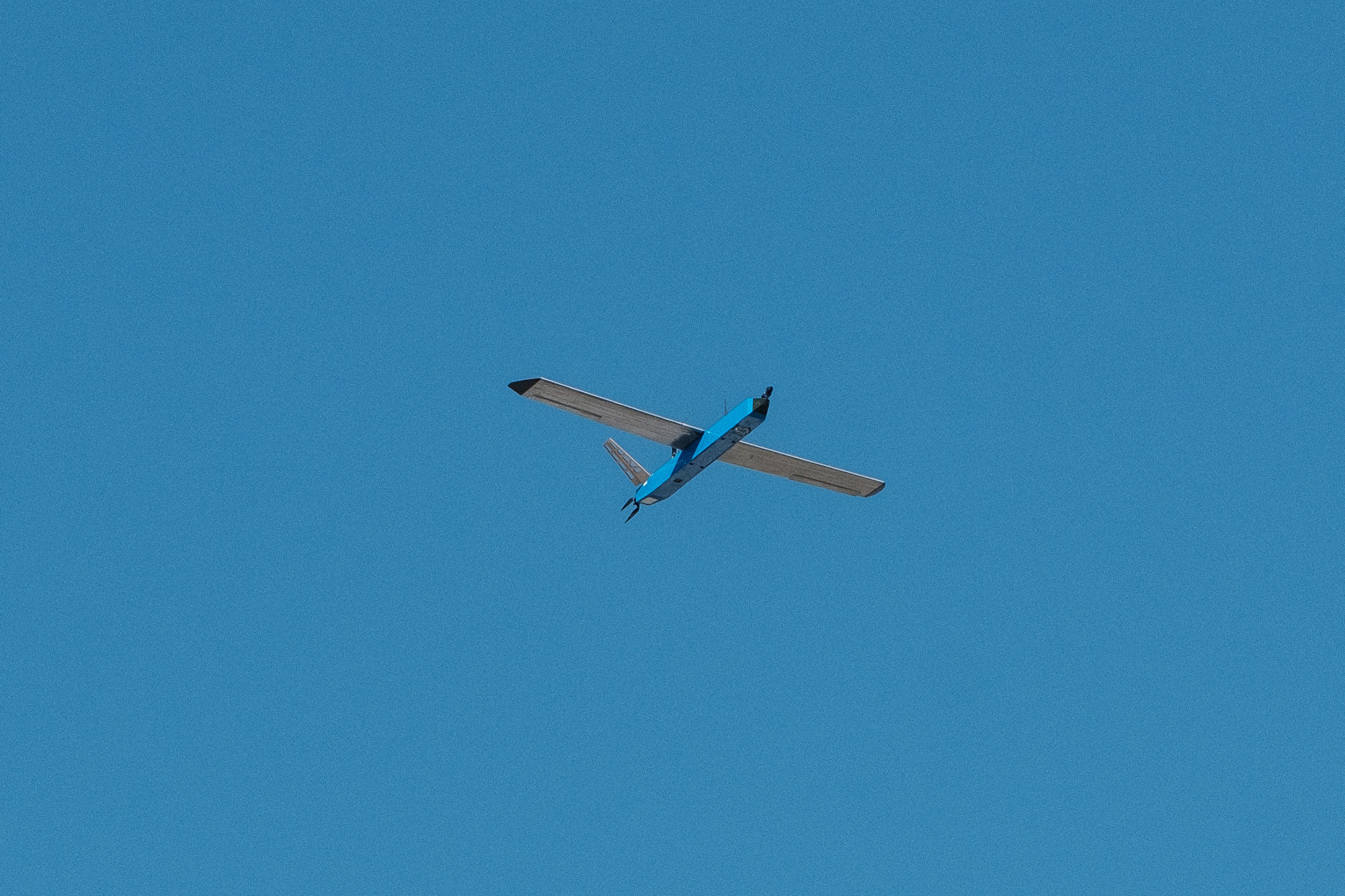 An interceptor drone is seen in flight on February 21, 2025, in Lviv Oblast, Ukraine.