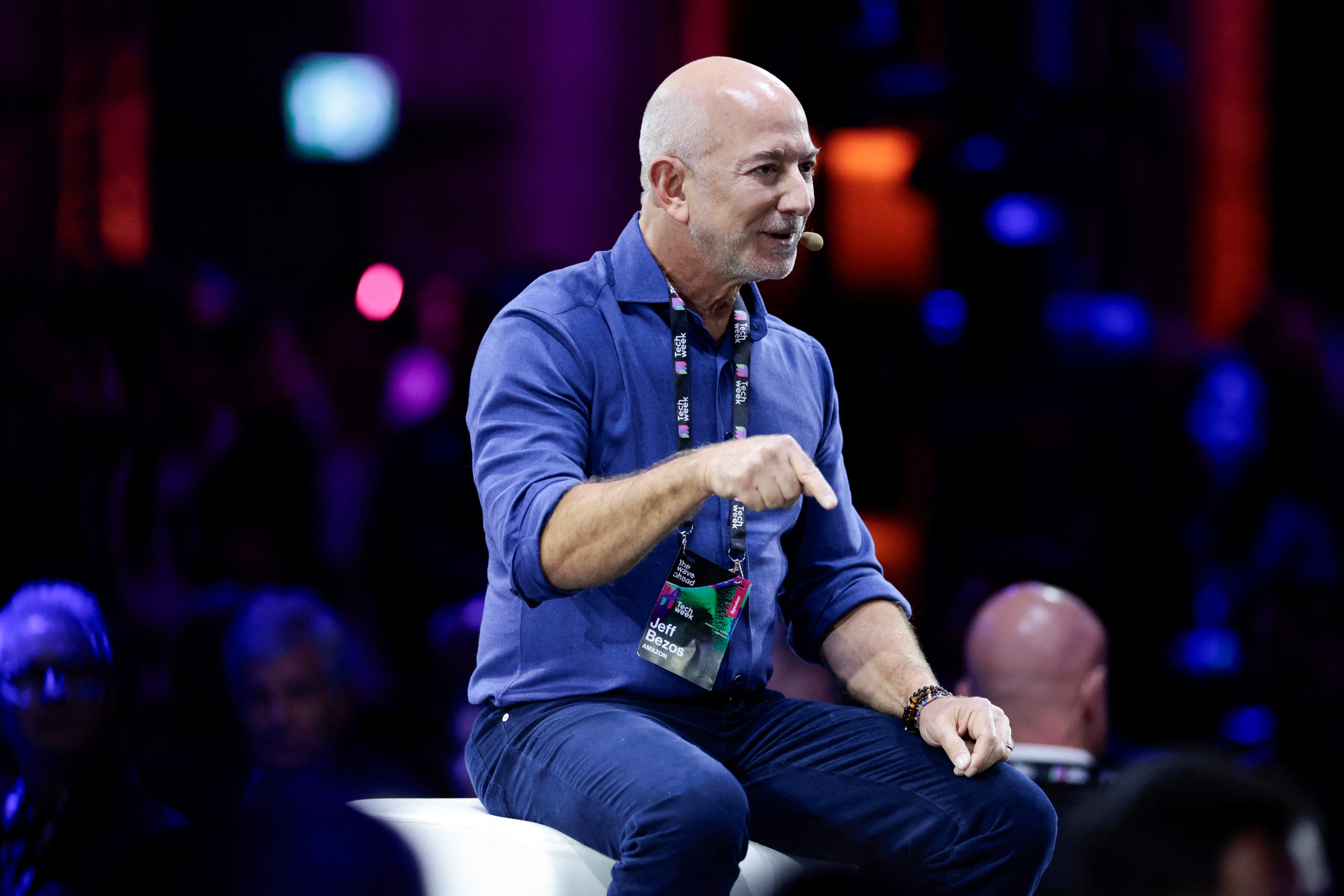 Amazon founder Jeff Bezos speaks at the main panel of Italian Tech Week 2025 in Turin, Italy, on October 3, 2025.