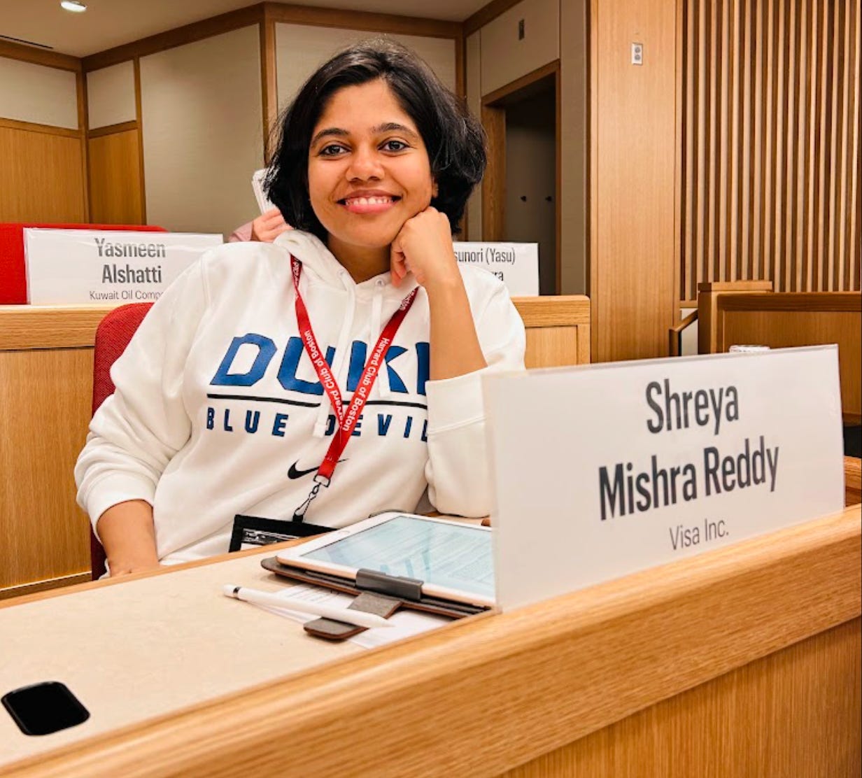 Shreya Mishra Reddy wearing a Duke University hoodie