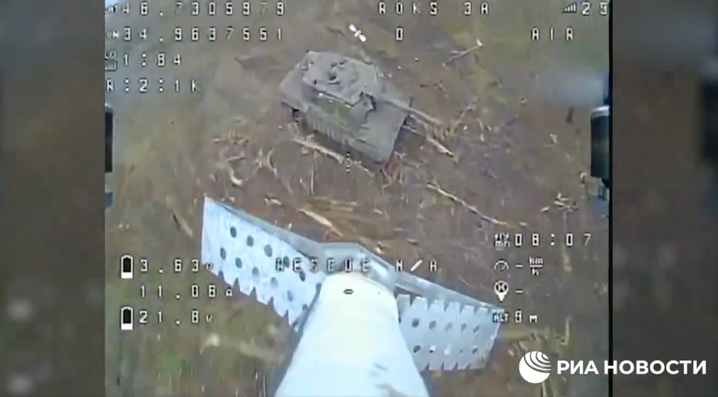 A Russian FPV kamikaze drone targeting and destroying a Ukrainian German-made Leopard 2A4 tank near Robotyne, Ukraine, shared on December 1, 2023, by the Russian Defense Ministry.