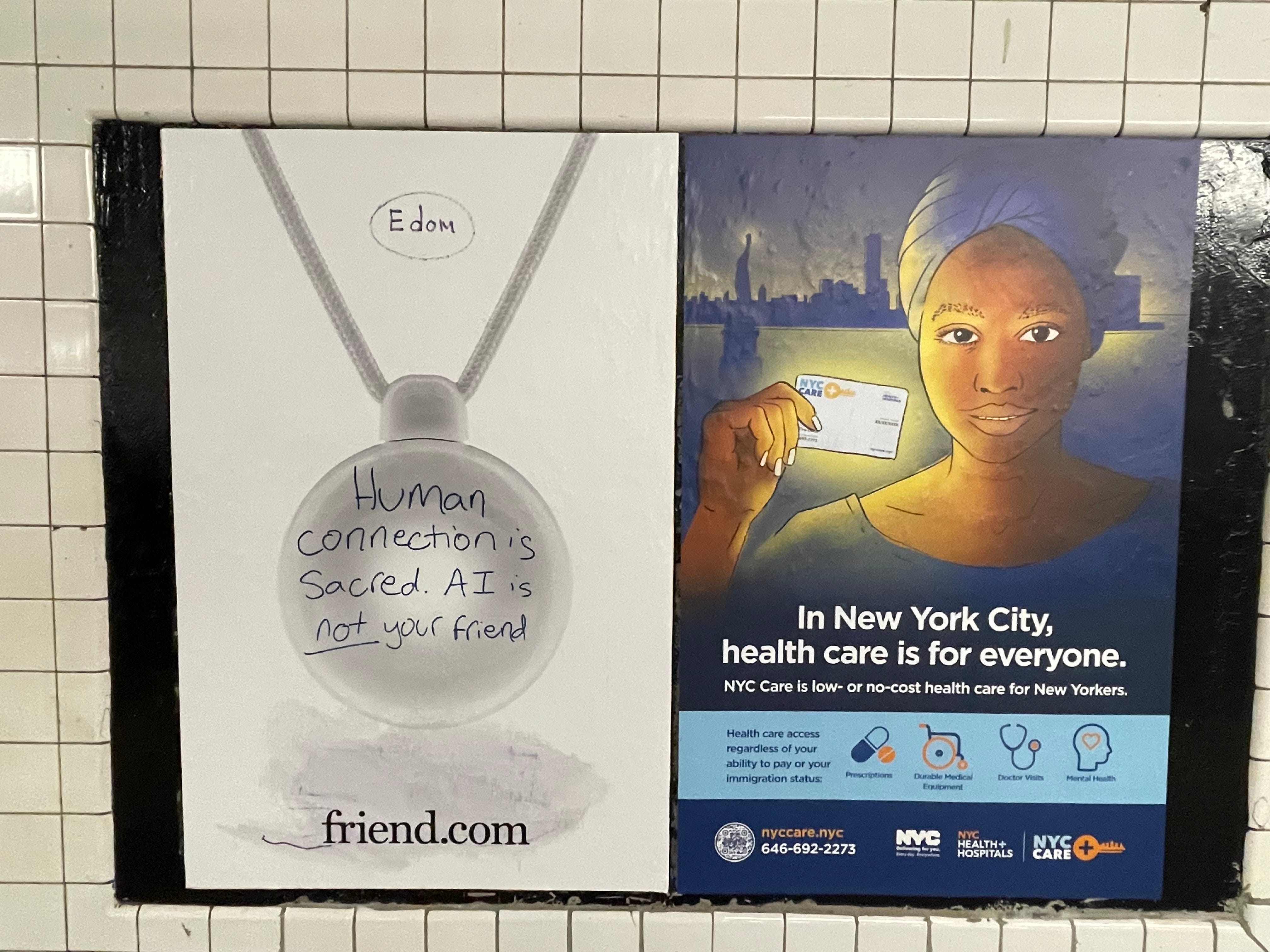 Defaced Friend ad at Rockaway Station in New York City on October 3, 2025.