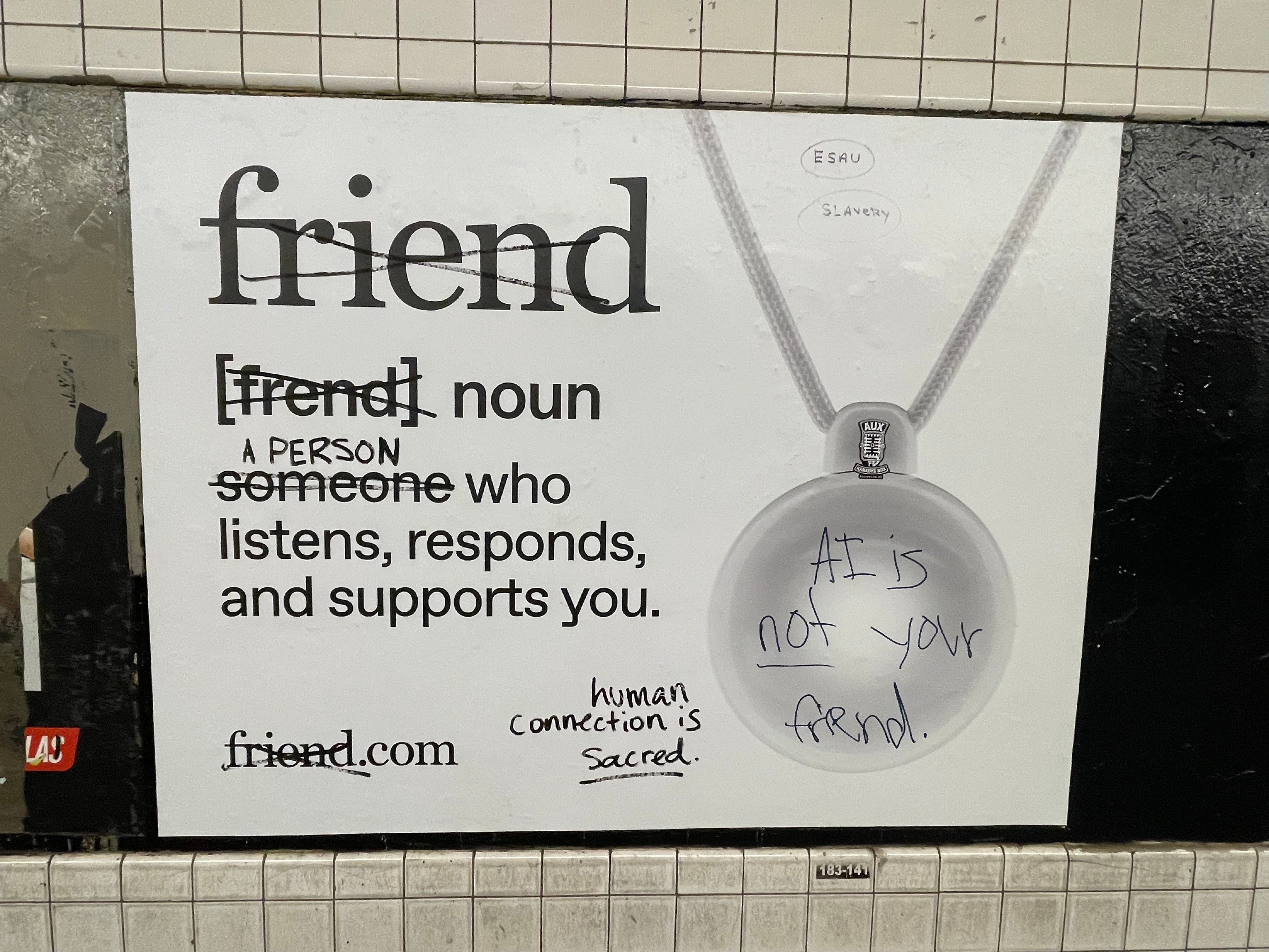 Defaced Friend ad at Rockaway Station in New York City on October 3, 2025.