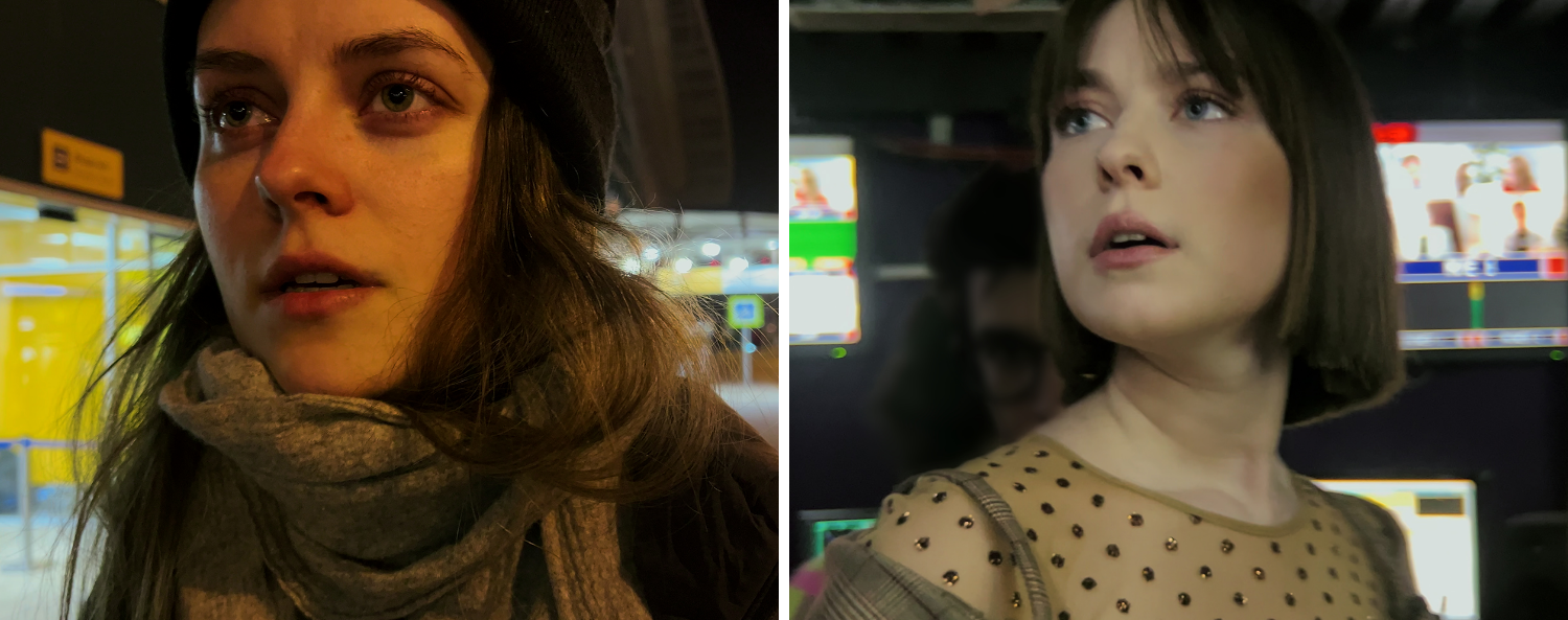 Side-by-side portraits of journalists Irina Dolinina (left) and Ksenia Mironova (right). Dolinina wears a scarf and hat while standing outdoors at night, with a road and streetlights behind her. Ksenia wears a polka-dotted top inside a newsroom, monitors glowing in the background. Both gaze up at something off camera.
