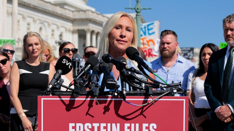 GOP Rep. Marjorie Taylor Greene speaks during a news conference with 10 of the alleged victims of disgraced financier and sex trafficker Jeffrey Epstein outside the U.S. Capitol on September 03, 2025.