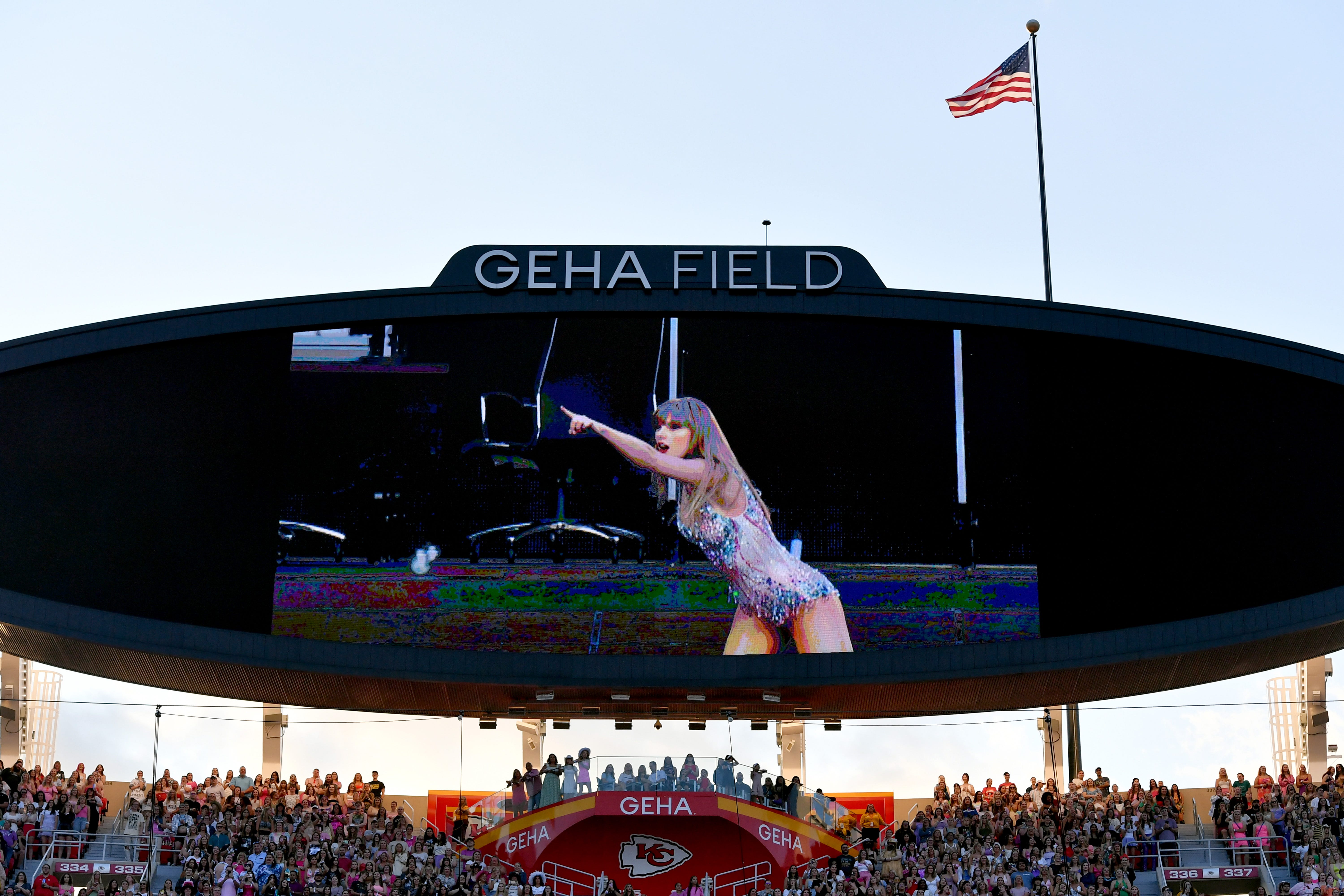 Taylor Swift performs during the Eras Tour on July 8, 2023, at Arrowhead Stadium.