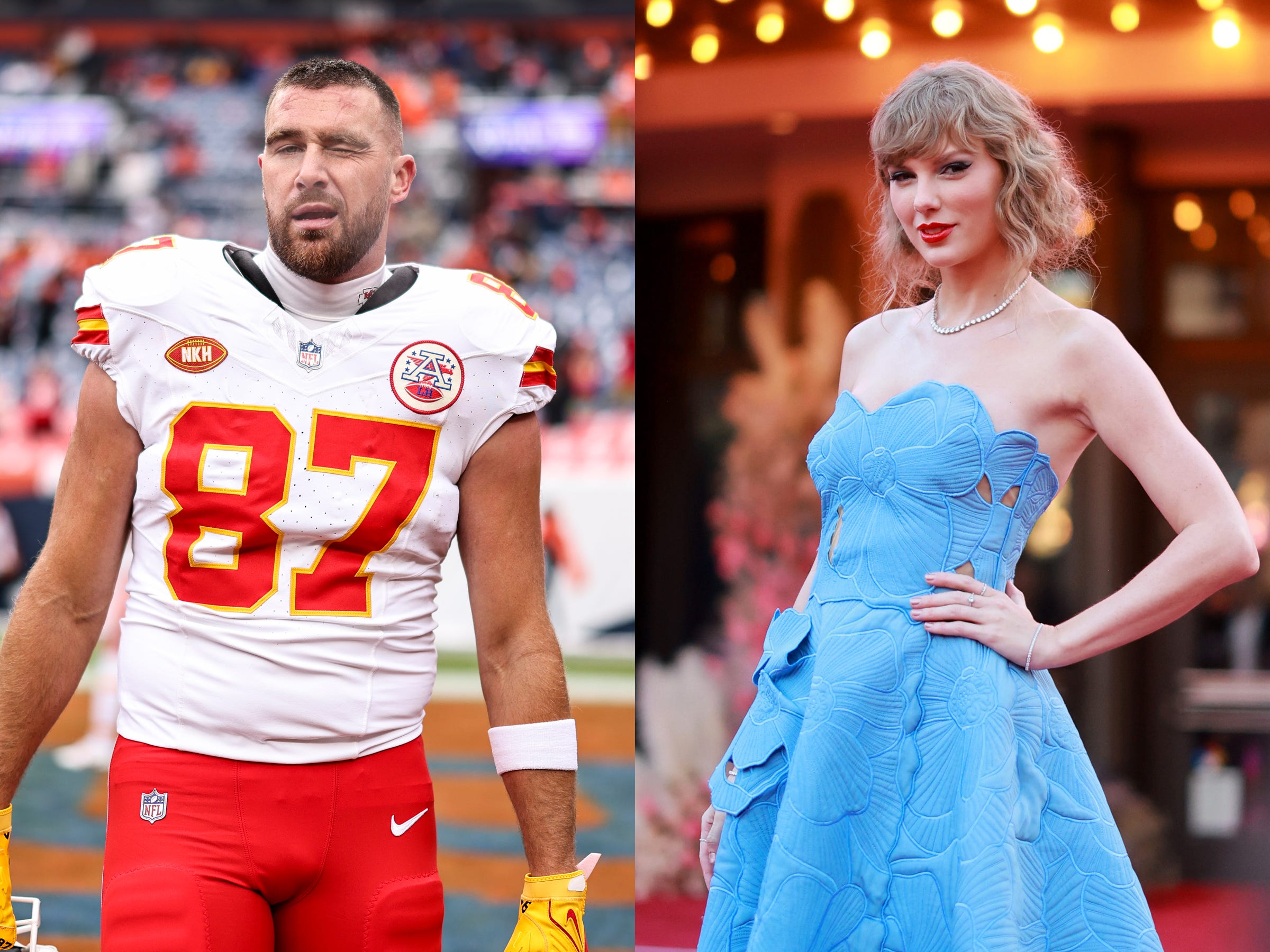 Travis Kelce and Taylor Swift, both pictured in October 2023.