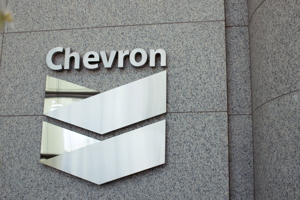 Logo on a Chevron building in Houston Texas. The El Segundo refinery producers one fifth of the car gasoline in Southern California.