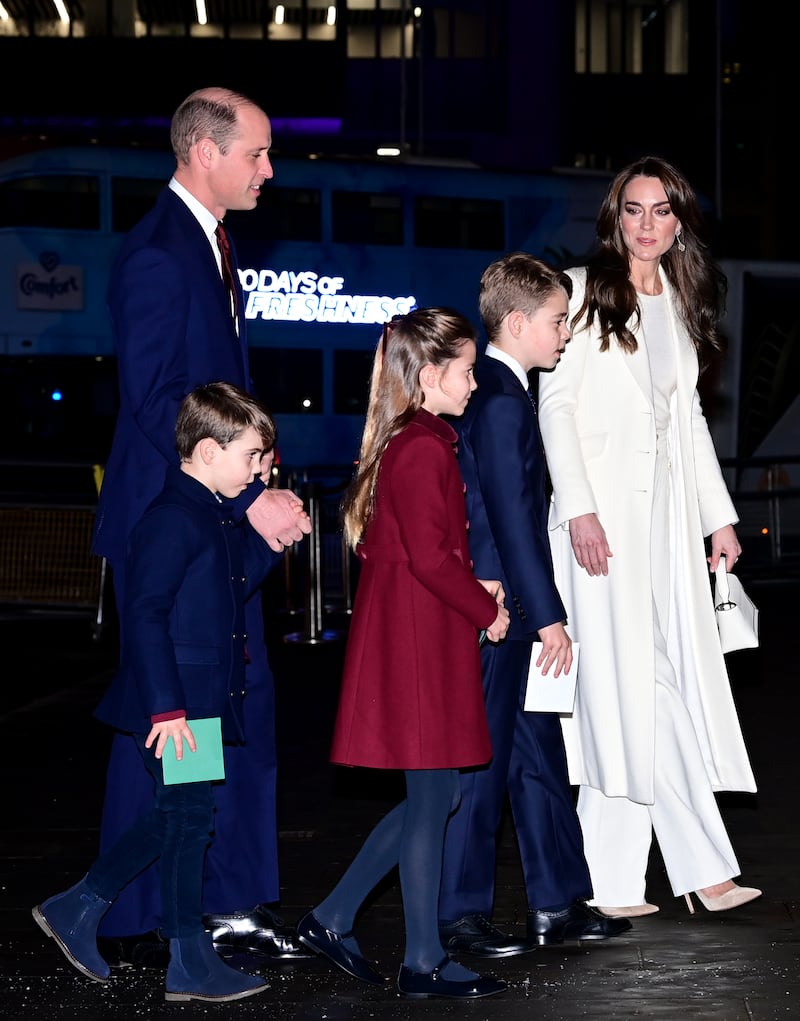 8 December 2023...Prince William, The Prince of Wales and Catherine, The Princess of Wales, and other Members of the Royal Family attend the 'Together At Christmas' carol service at Westminster Abbey..Here, Prince William, Catherine, Prince George, Princess Charlotte, Prince Louis.