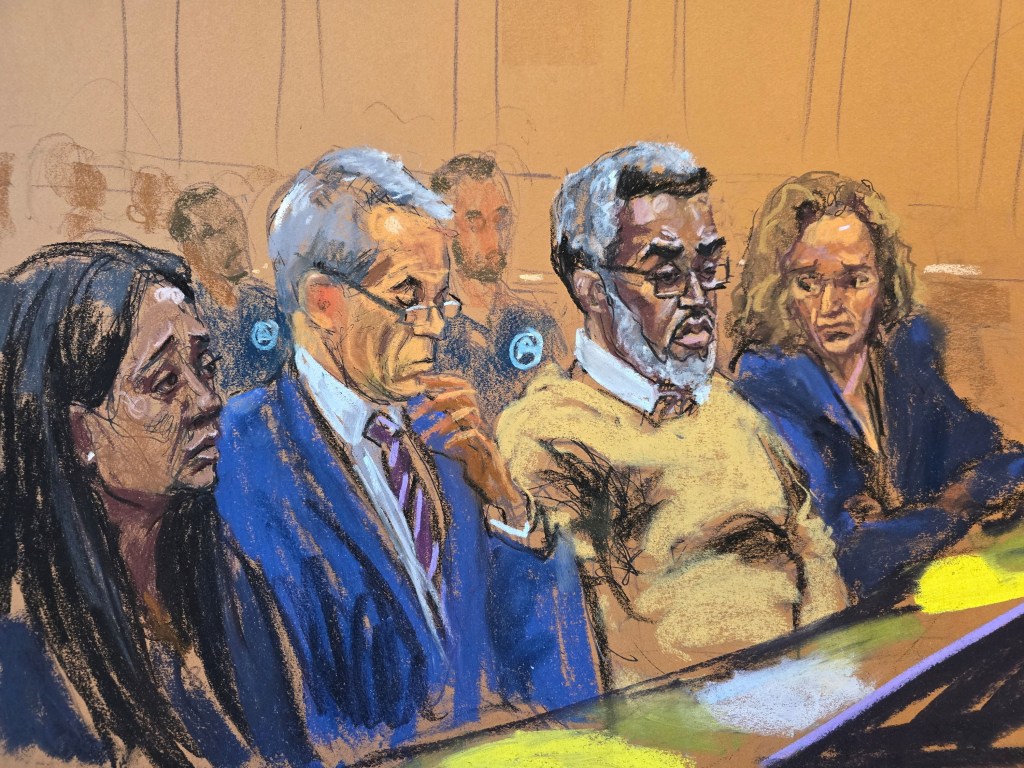 diddy in court with lawyers in court sketch