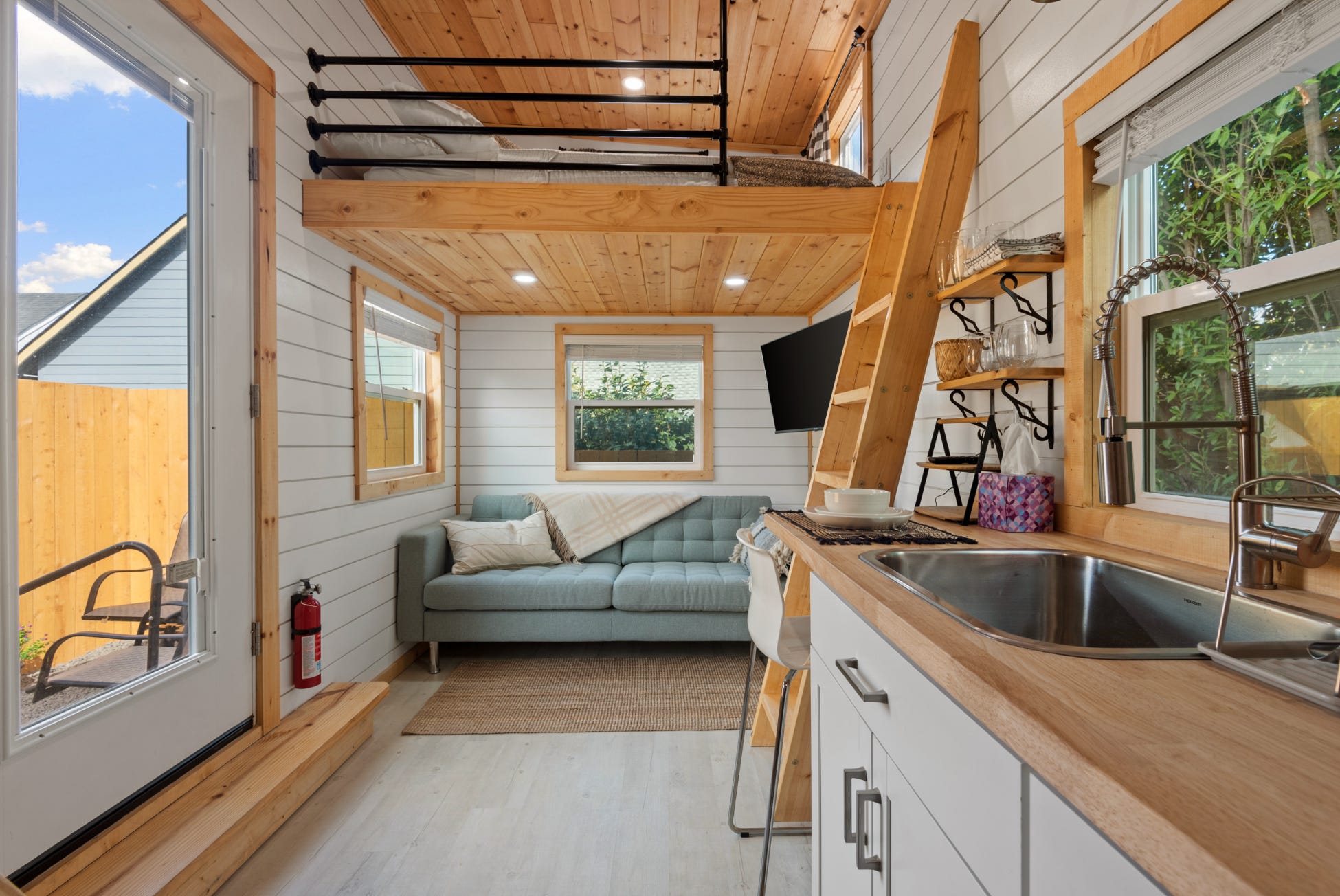The interior of Emilie Karas' tiny home on wheels.