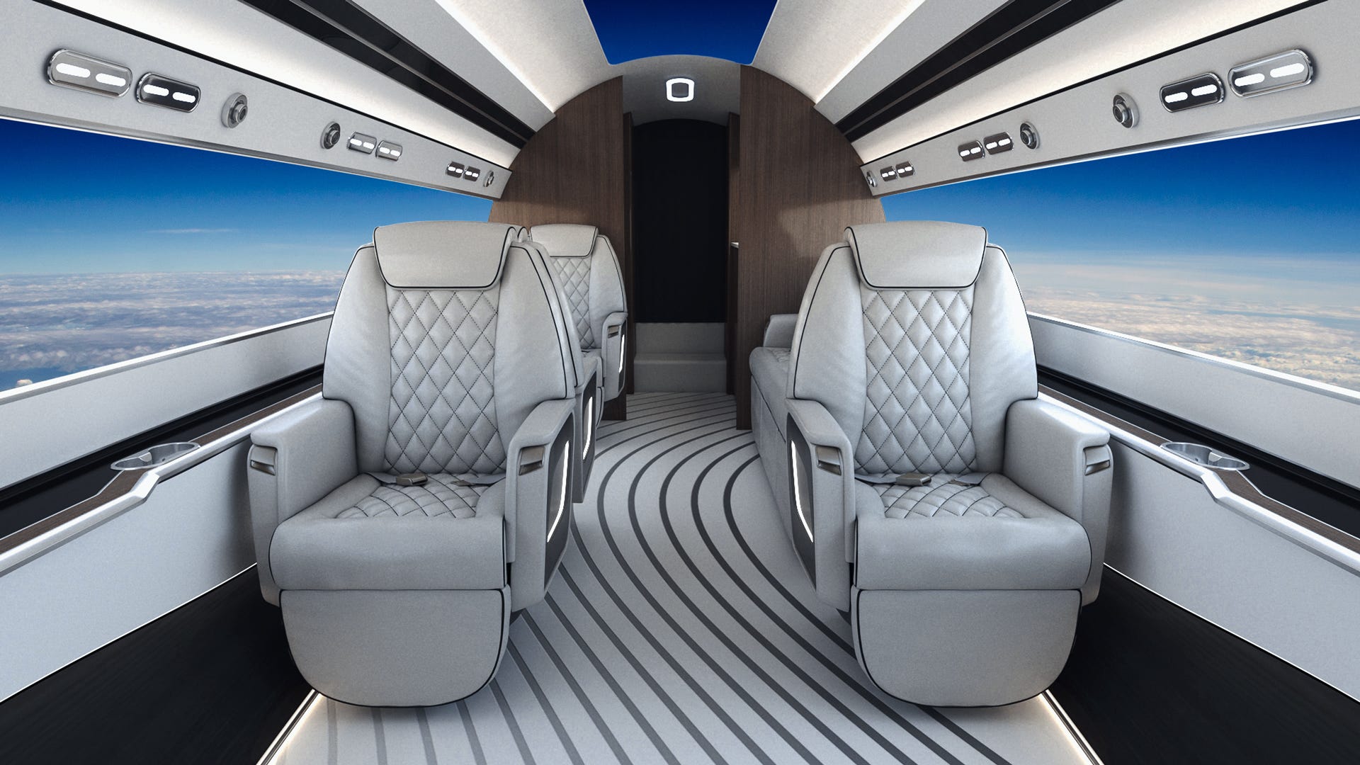 Inside the Phantom 3500, the screens show images of the sky and clouds. Also shown are gray loungers.